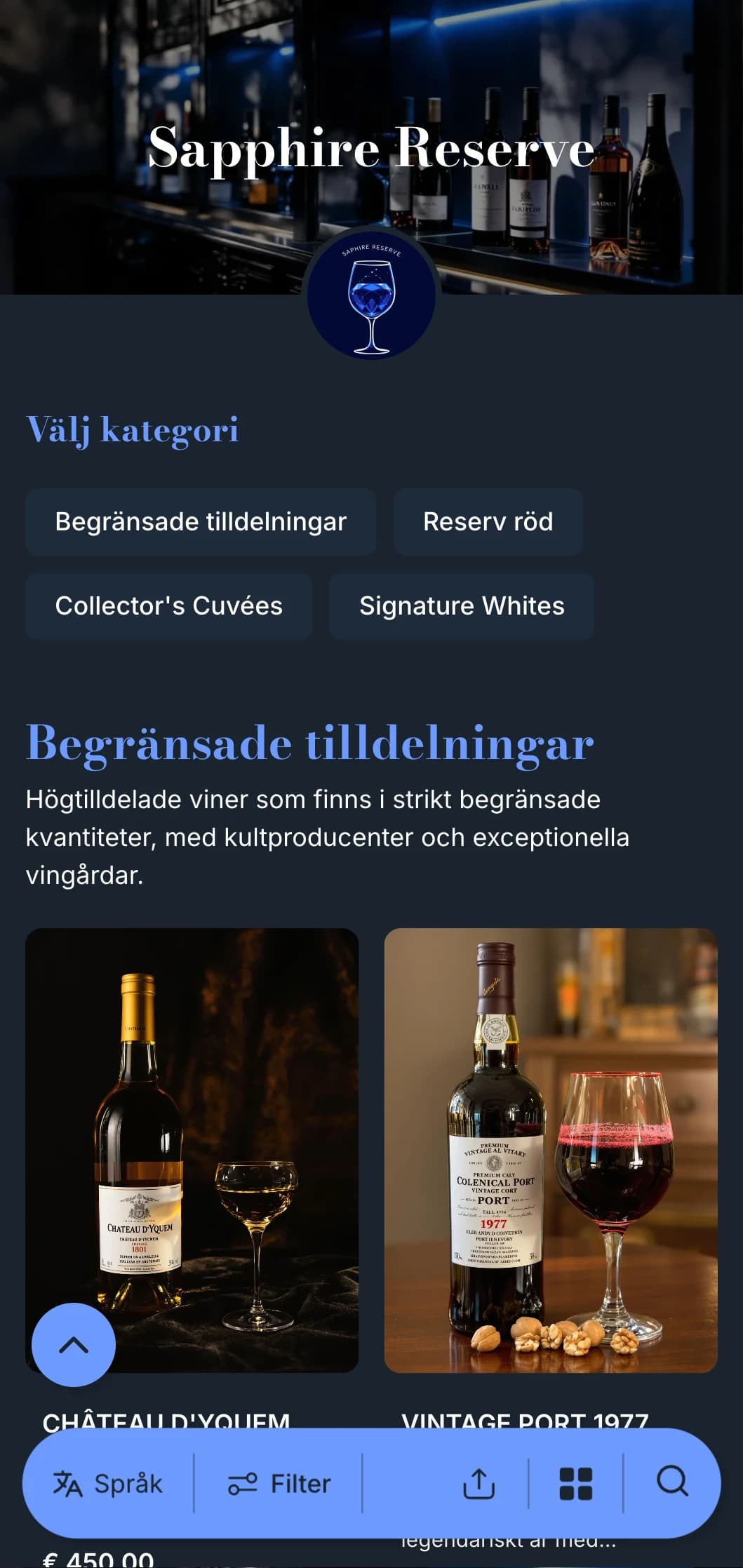 Djupt sofistikerad mall för vinlista med slående blå accenter mot marinblå bakgrunder, perfekt för premiumvinbarer och kvällsställen.