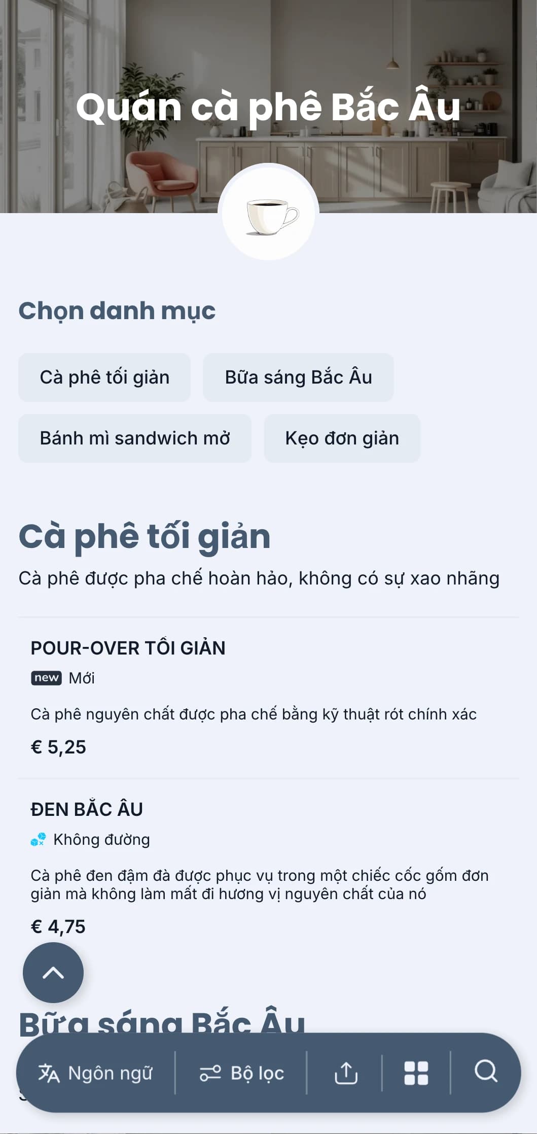 Thiết kế lấy cảm hứng từ phong cách Scandinavia với tông màu xanh mát mẻ dành cho quán cà phê tối giản hiện đại.