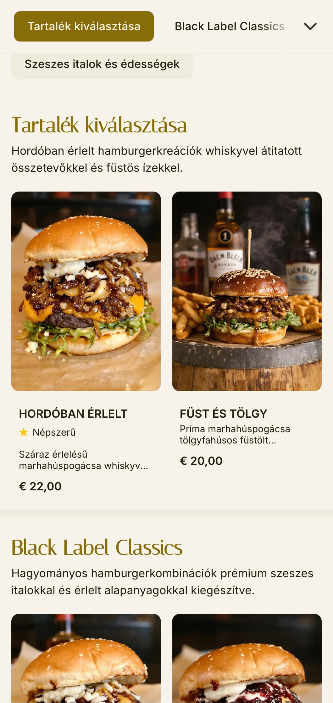 Prémium whisky ihlette burgerbár sötét fa- és bőrdíszítéssel.