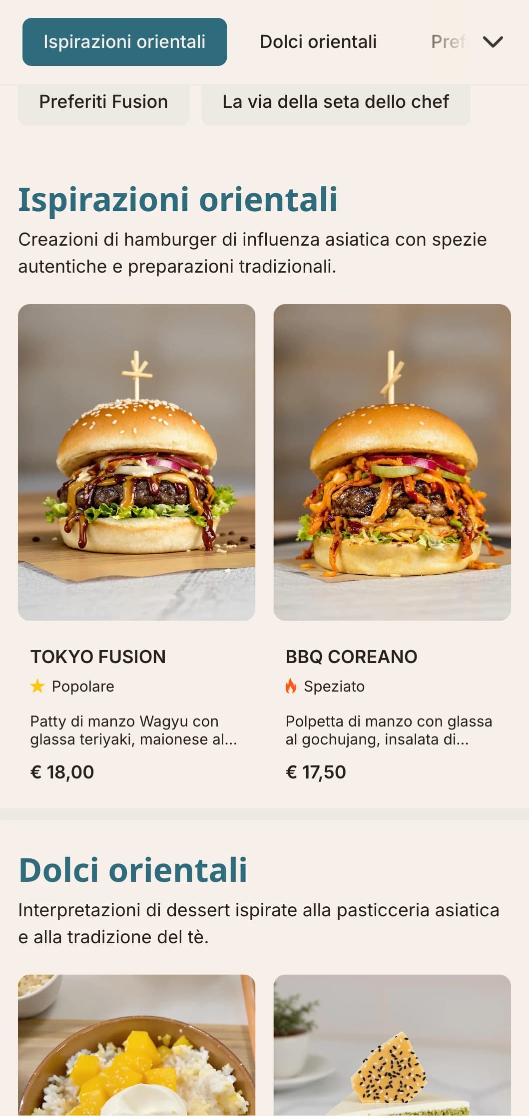 Fusione di hamburger tra Oriente e Occidente con sapori di ispirazione asiatica e presentazione contemporanea.