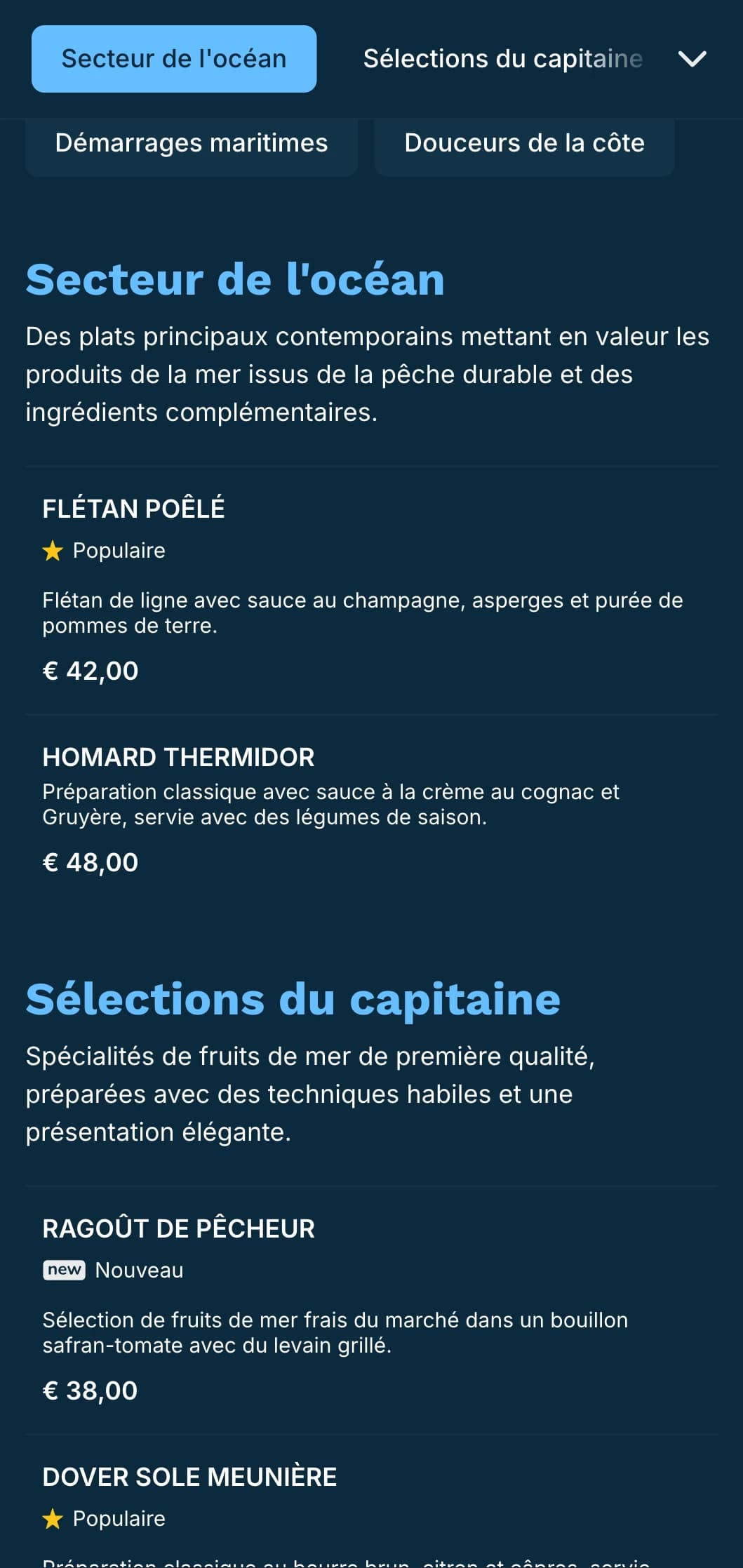 Un menu de dîner aux tons bleus et aux influences nautiques, parfait pour les restaurants de fruits de mer haut de gamme.