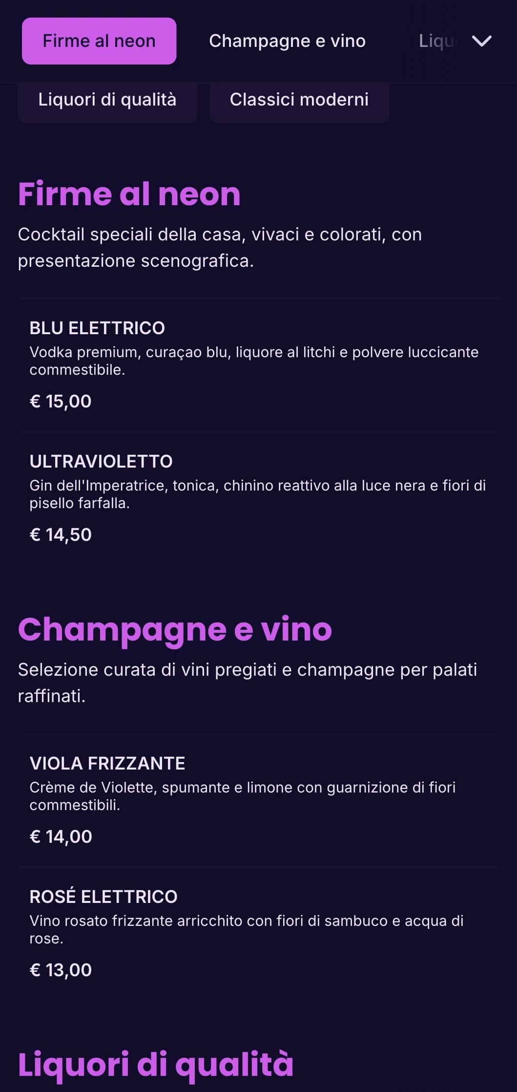 Design vibrante viola e ultravioletto per locali notturni e cocktail lounge di tendenza.