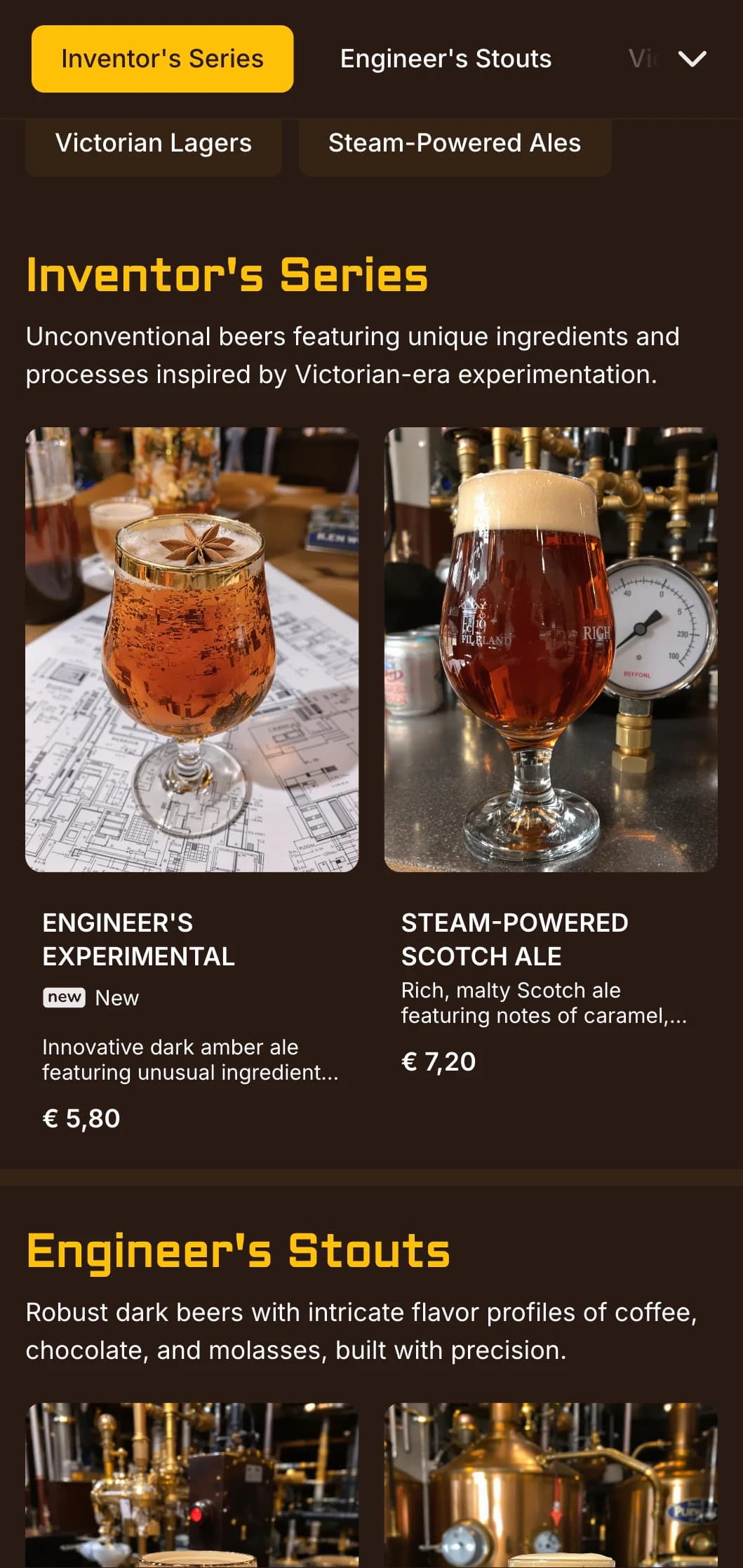 Victorian-industrial fusion with brass accents and mechanical aesthetics, perfect for themed brewpubs with character.
