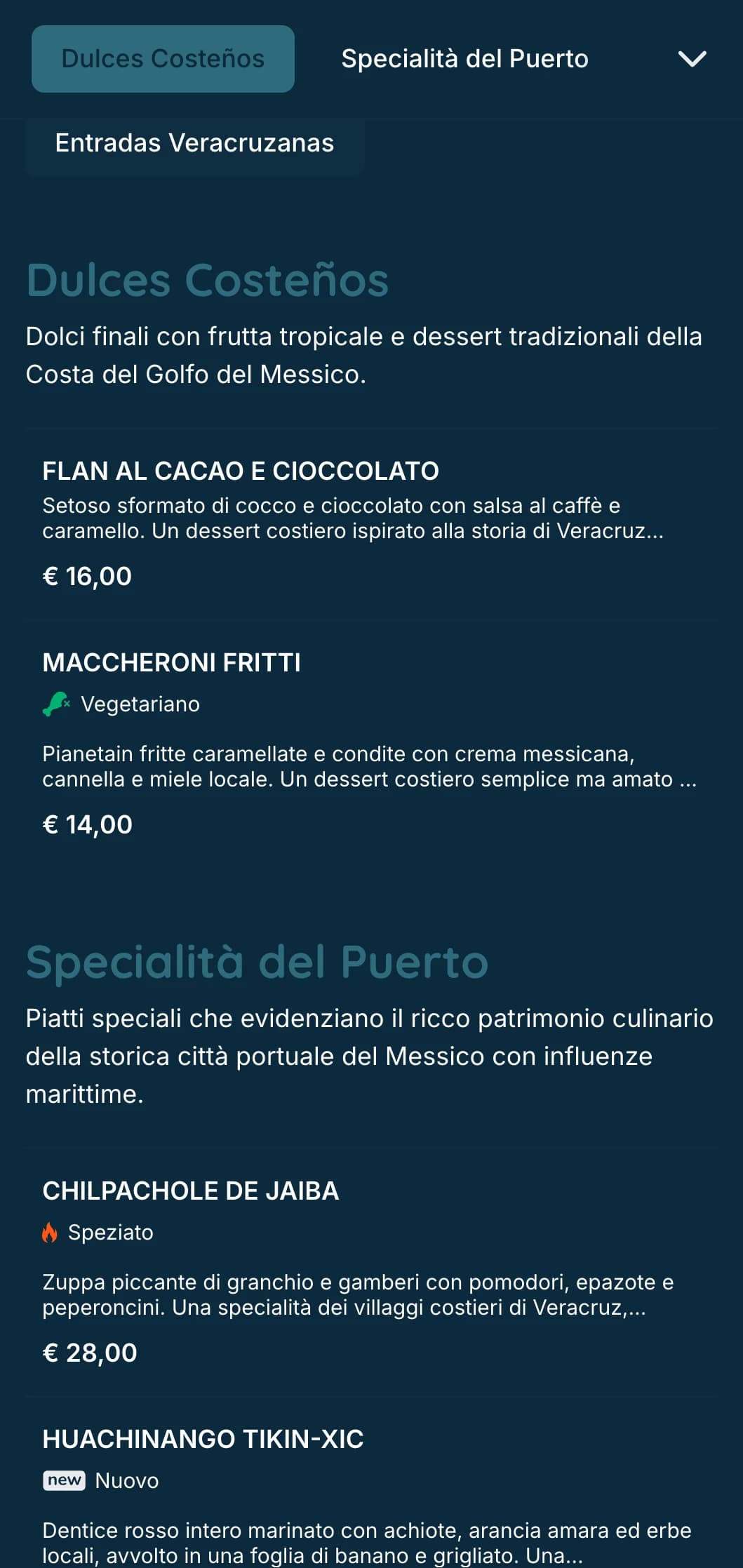 Menu costiero fresco e saporito che presenta specialità di pesce di Veracruz con accenti turchesi, immagini costiere e preparazioni di pesce d'autore.