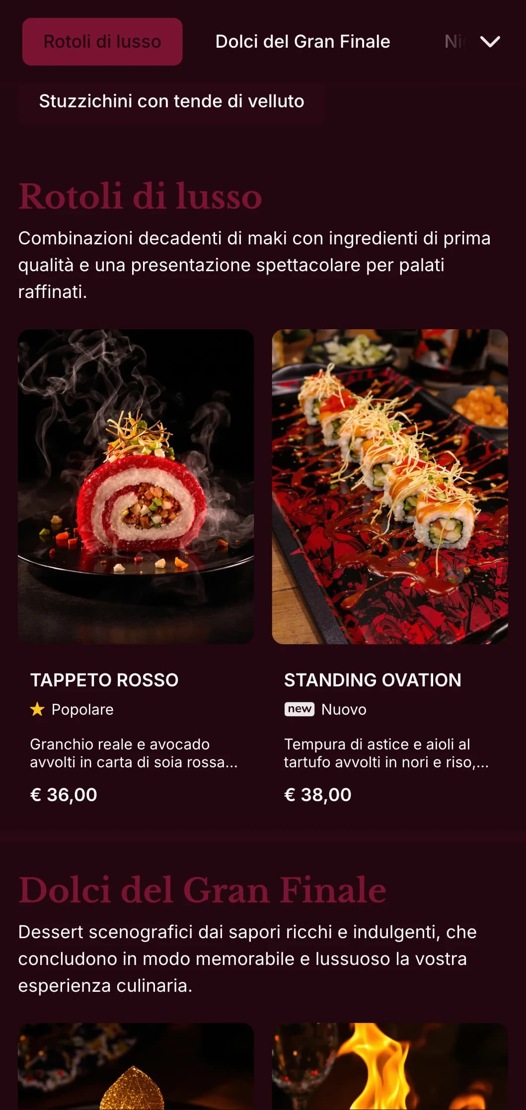 Lussuosa esperienza di sushi caratterizzata da ricchi toni di velluto rosso e da elementi scenografici per locali di alto livello.