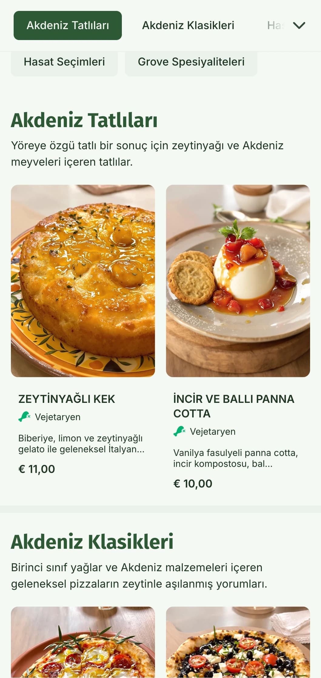 Zeytinyağı ve doğal malzemeleri vurgulayan Akdeniz zeytin esintili pizza menüsü.