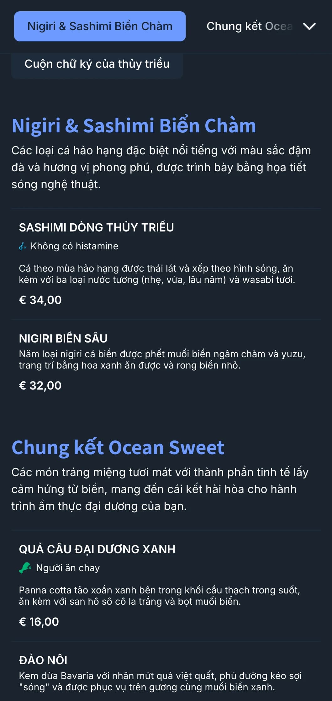 Thực đơn sushi lấy cảm hứng từ đại dương với những con sóng màu chàm đậm và thiết kế hiện đại dành cho các nhà hàng chuyên về hải sản.