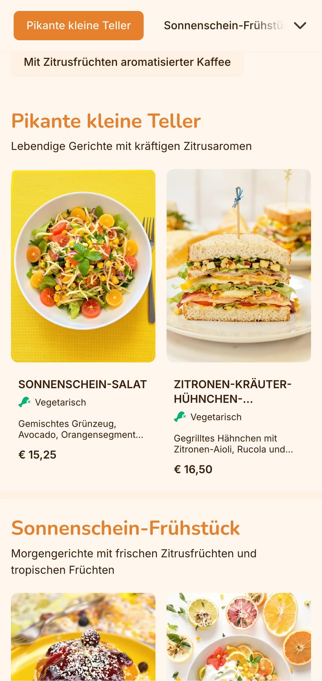 Leuchtend orangefarbenes Design mit Zitruselementen für Cafés und Saftbars mit Schwerpunkt auf Obst.