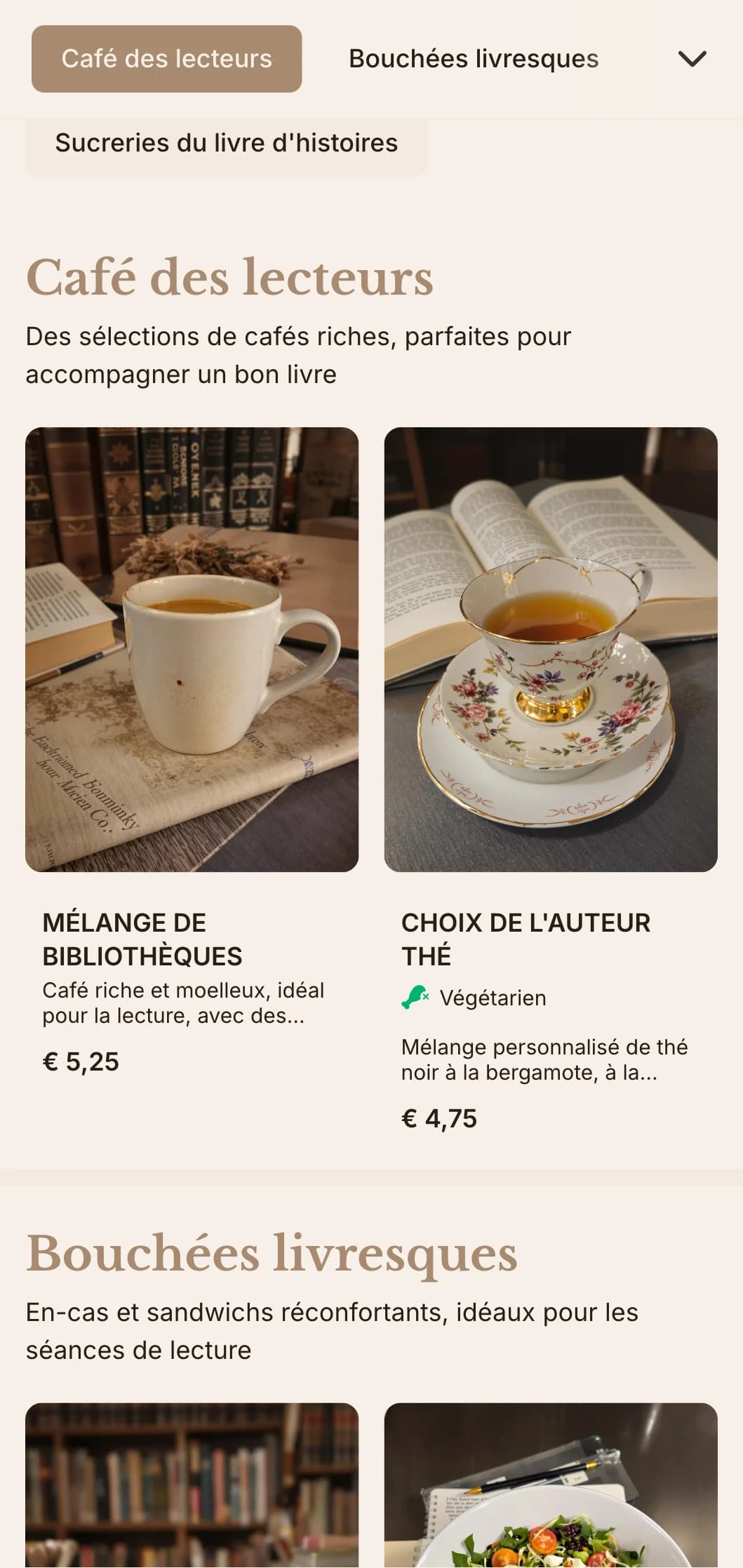 Design brun chaud avec des éléments littéraires pour les cafés-librairies et les espaces de lecture.