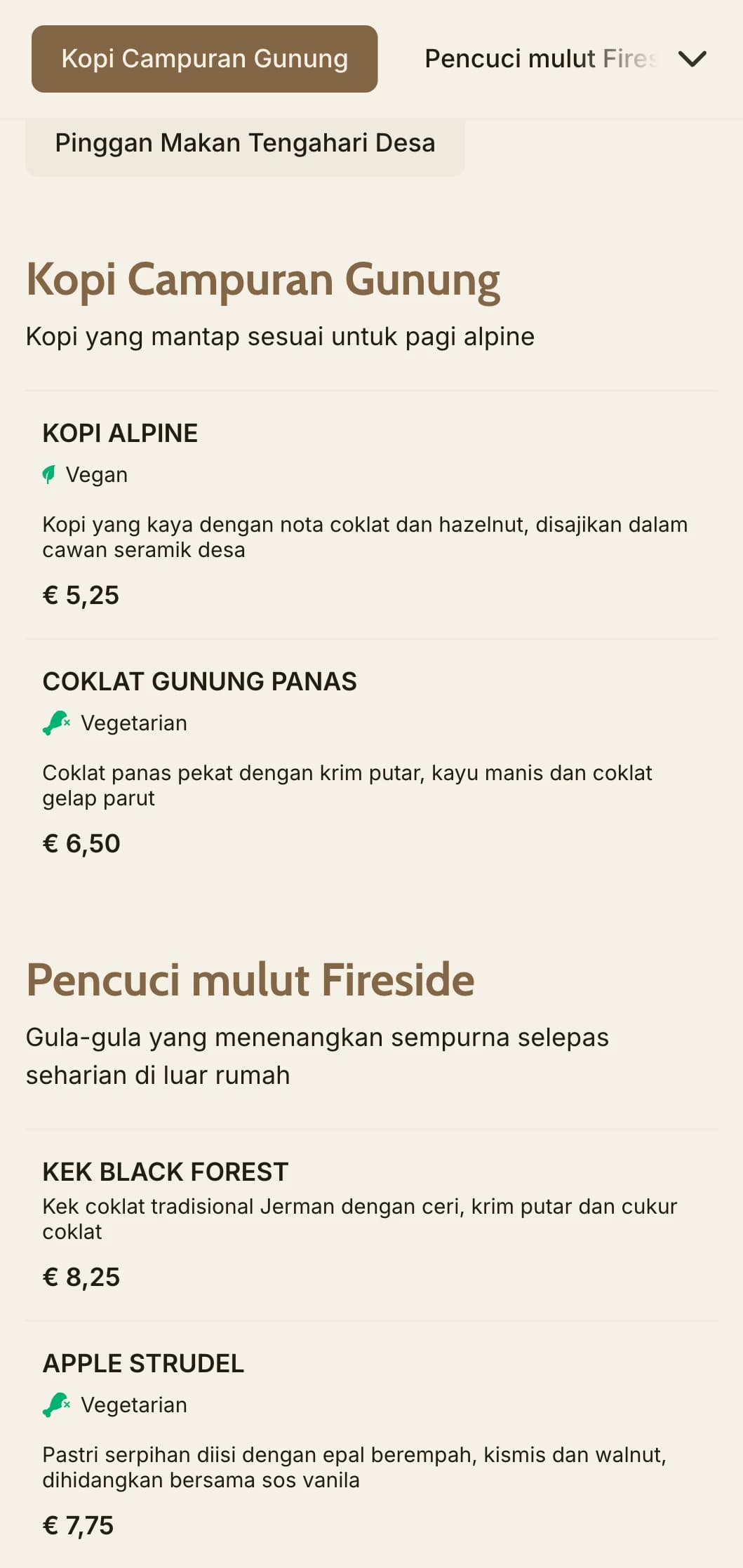 Reka bentuk berinspirasikan kayu yang selesa dengan unsur gunung untuk kafe alpine dan tempat makan rumah persinggahan.