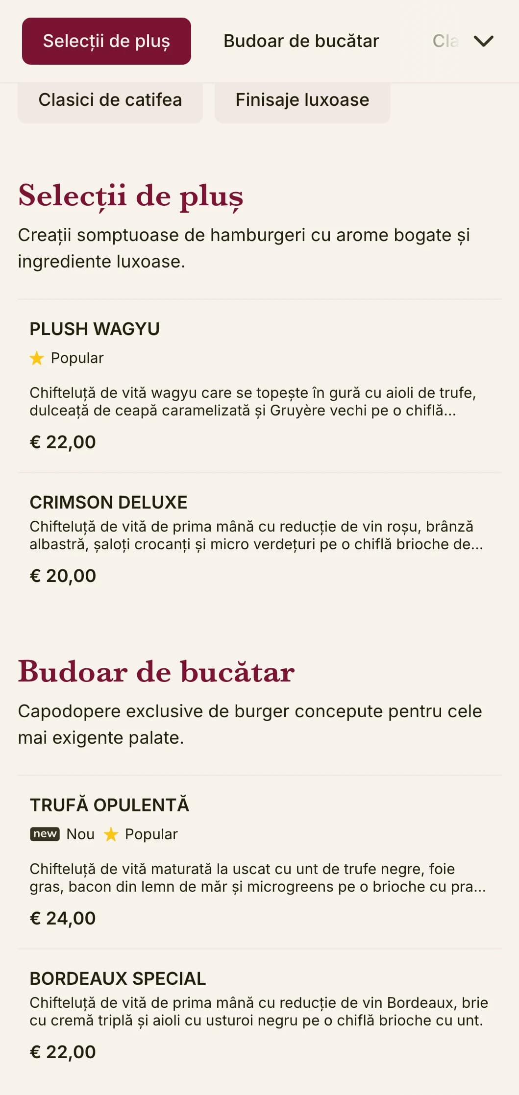 Sală de burger de lux cu texturi bogate și prezentare opulentă.