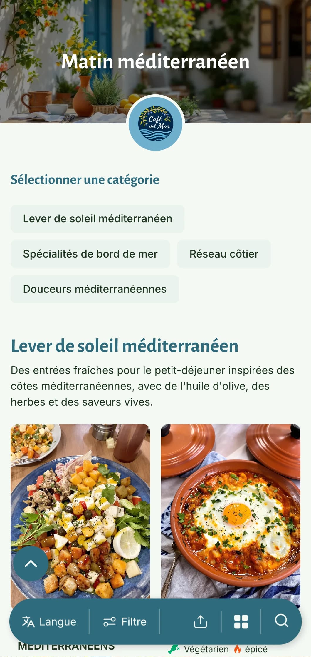 Modèle de brunch lumineux et aéré aux influences méditerranéennes, parfait pour les cafés proposant des petits déjeuners sains à base d'huile d'olive.