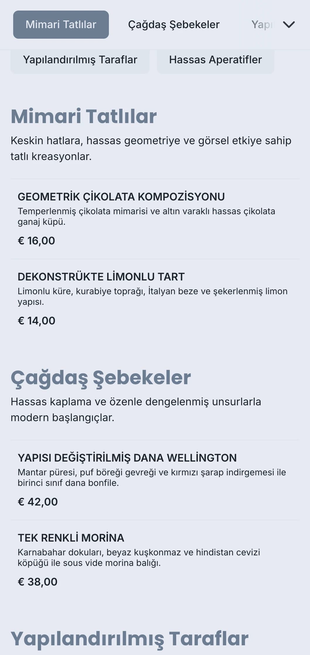 Çağdaş etkinlikler için geometrik kaplamalar, hassas porsiyonlar ve tek renkli renk şemaları ile temiz, yapılandırılmış catering tasarımı.