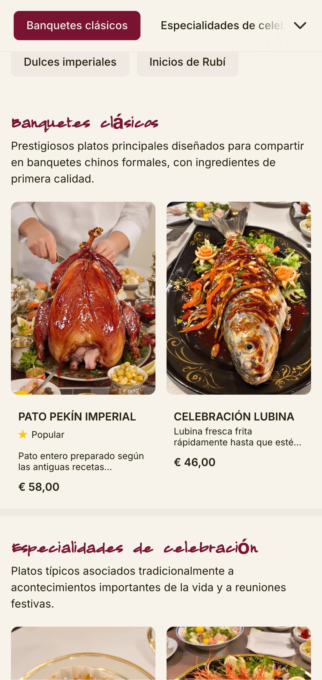 Lujoso diseño de menú chino inspirado en los banquetes imperiales, con acentos de rubí para una cocina festiva y de celebración.