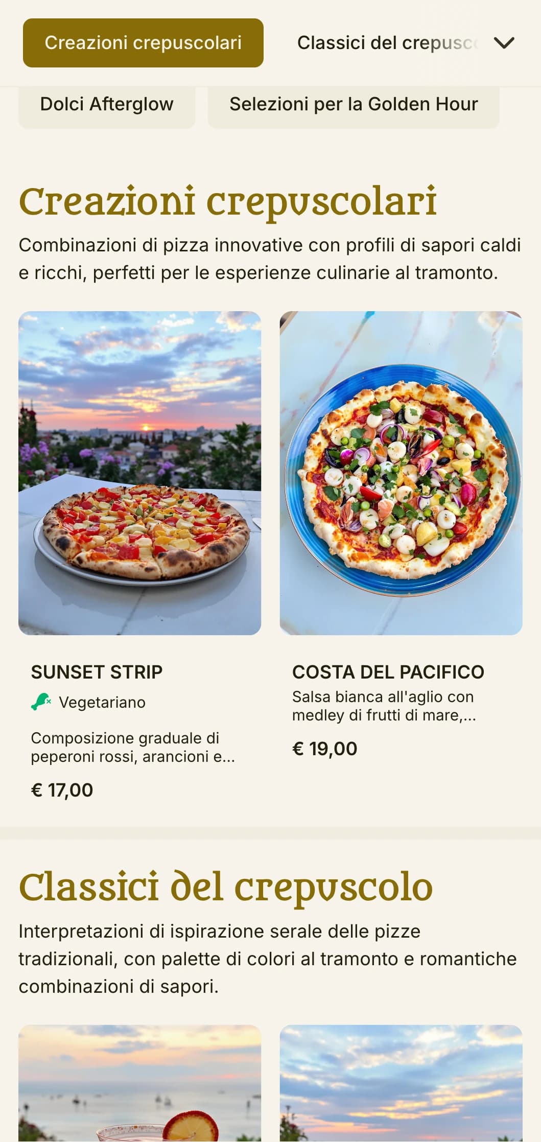 Menu pizza vibrante a tema serale con tavolozza di colori del tramonto ed elementi romantici.