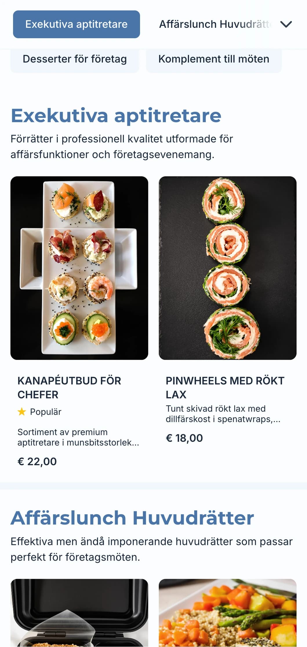 Professionell cateringservice för affärsmöten och företagsevenemang med fokus på effektiv service och kvalitetspresentation.