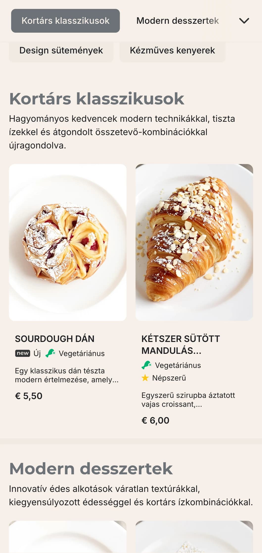 Kortárs, minimalista pékségi menüterv tiszta vonalakkal és egyszerű tipográfiával, ideális a modern esztétikájú városi pékségek számára.