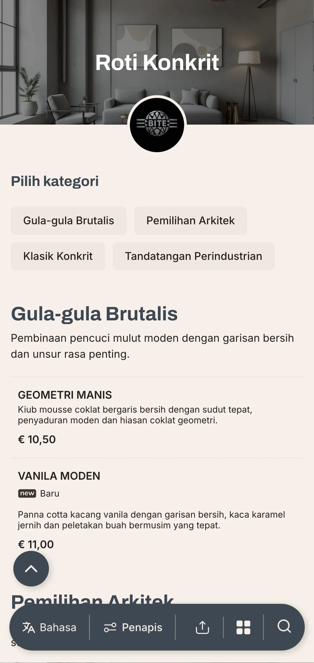 Konsep burger industri-minimalis dengan tekstur konkrit dan kemasan logam yang anggun untuk urbanit moden.
