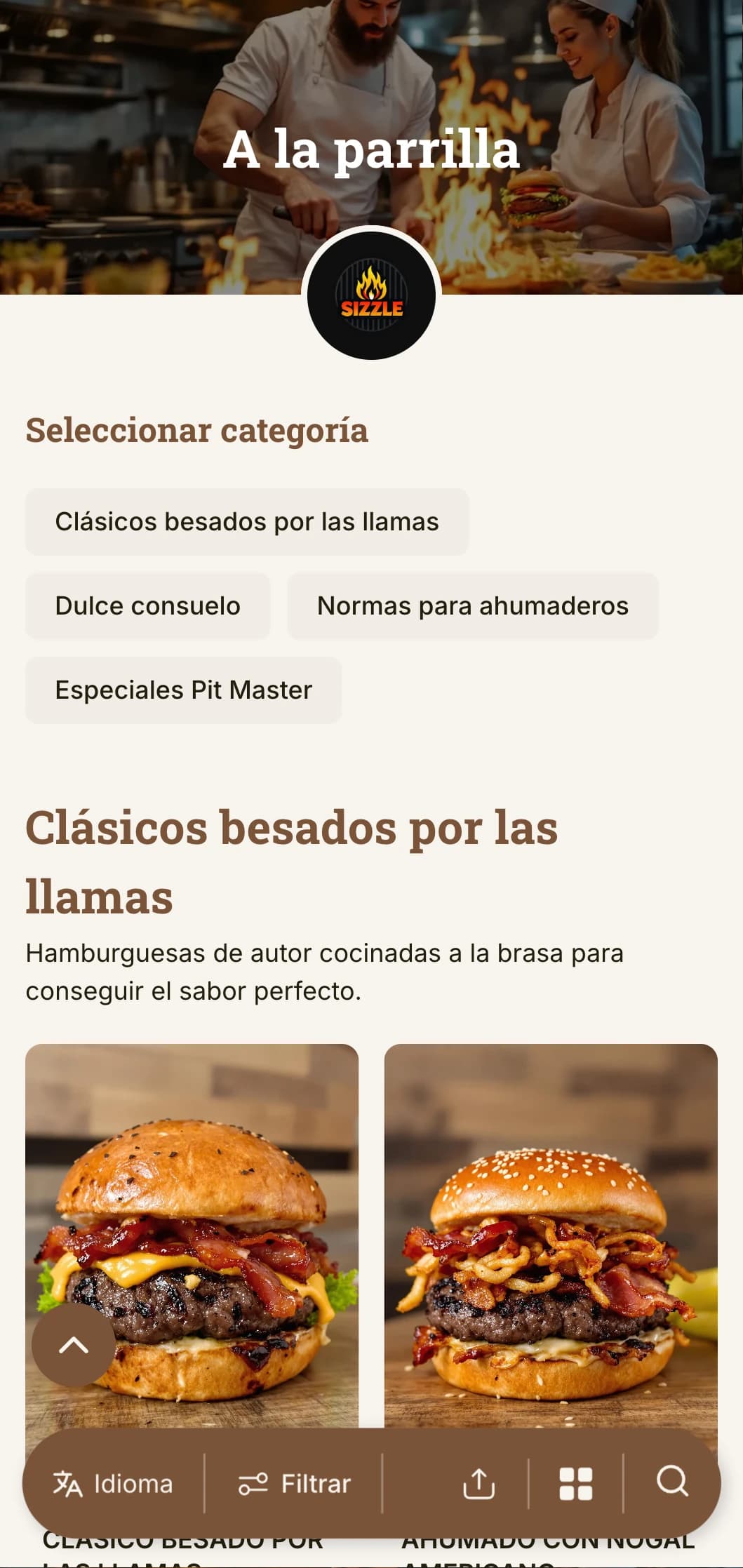 Diseño atrevido centrado en la parrilla con tonos cálidos de madera y detalles de llama para disfrutar de la auténtica experiencia de una hamburguesa a la parrilla.