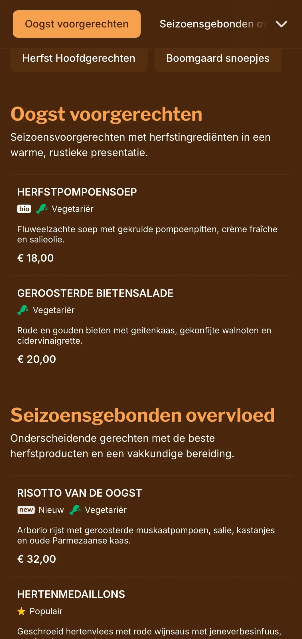 Een warm, op de herfst geïnspireerd dinermenu met rijke amberkleurige tinten, ideaal voor seizoensgebonden gerechten en oogstgerichte restaurants.