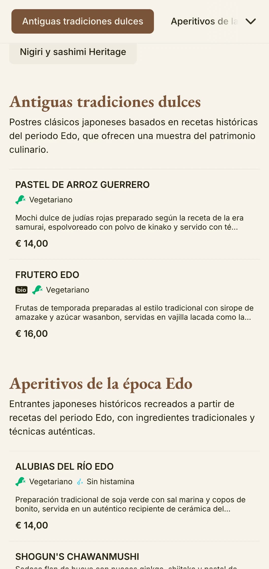 Histórico menú de sushi de inspiración japonesa que presenta la estética tradicional del periodo Edo con tipografía clásica.