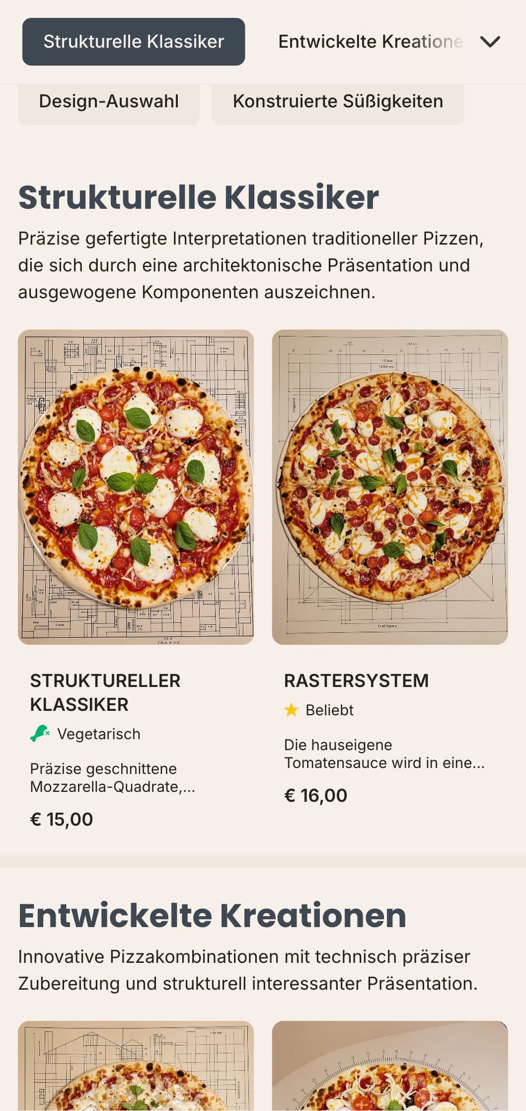 Architektonisch inspirierte Pizzakarte mit präzisen Layouts und technischer Ästhetik.