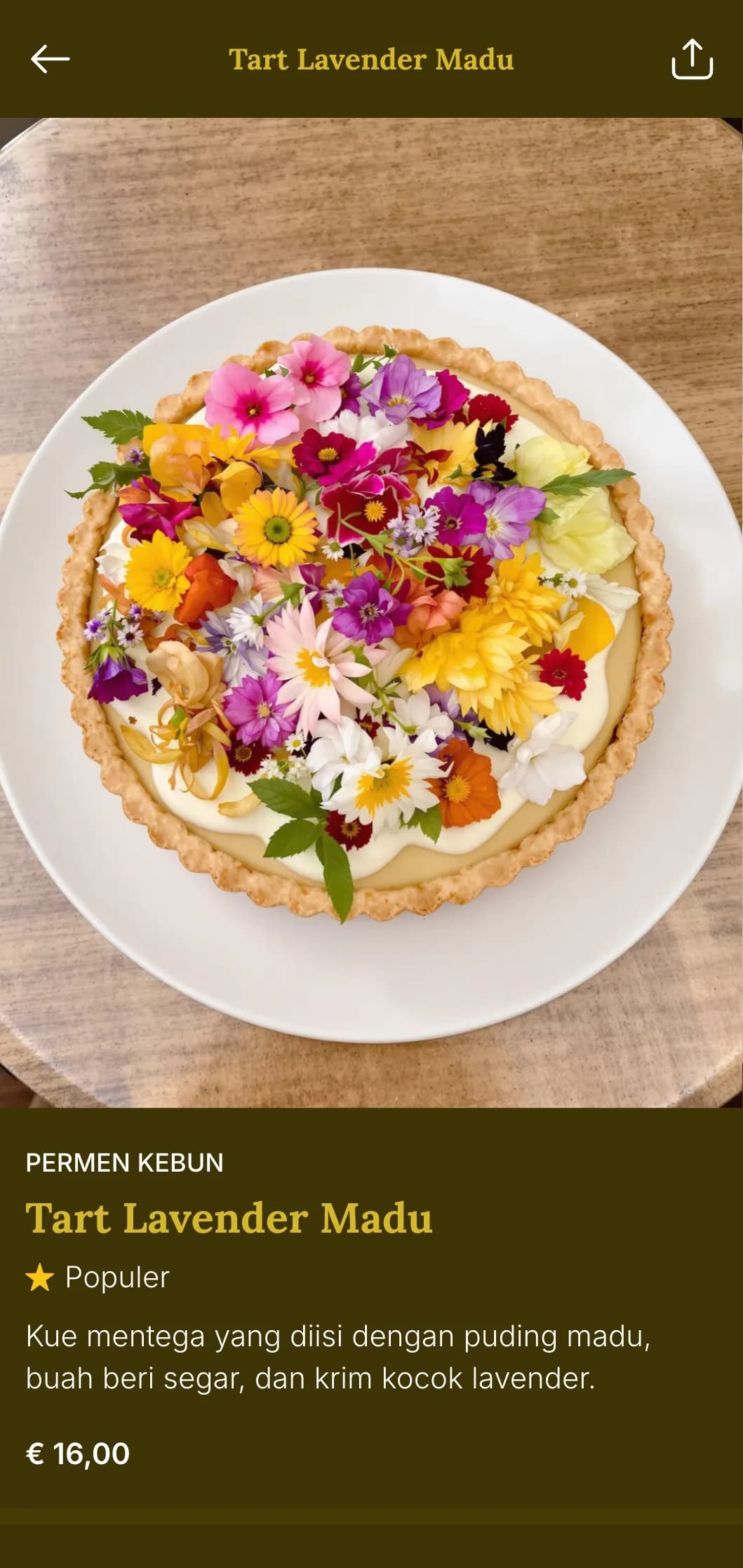 Menu makan malam elegan yang terinspirasi dari taman yang menampilkan warna hijau keemasan dan elemen botani, cocok untuk restoran dengan suasana taman.