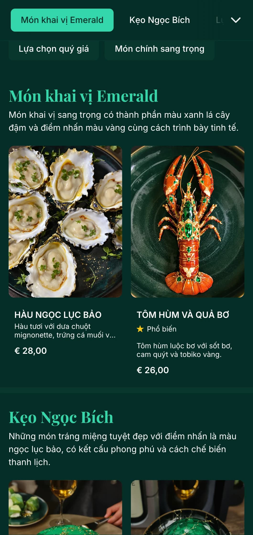Thực đơn tối sang trọng với tông màu ngọc lục bảo và điểm nhấn màu vàng, được thiết kế dành cho các cơ sở ăn uống cao cấp.