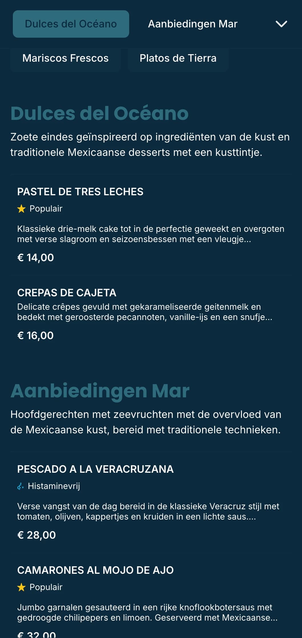 Fris en luchtig Mexicaans kustmenu met zeevruchtenspecialiteiten met azuurblauwe accenten, subtiele golfpatronen en een strandambiance.