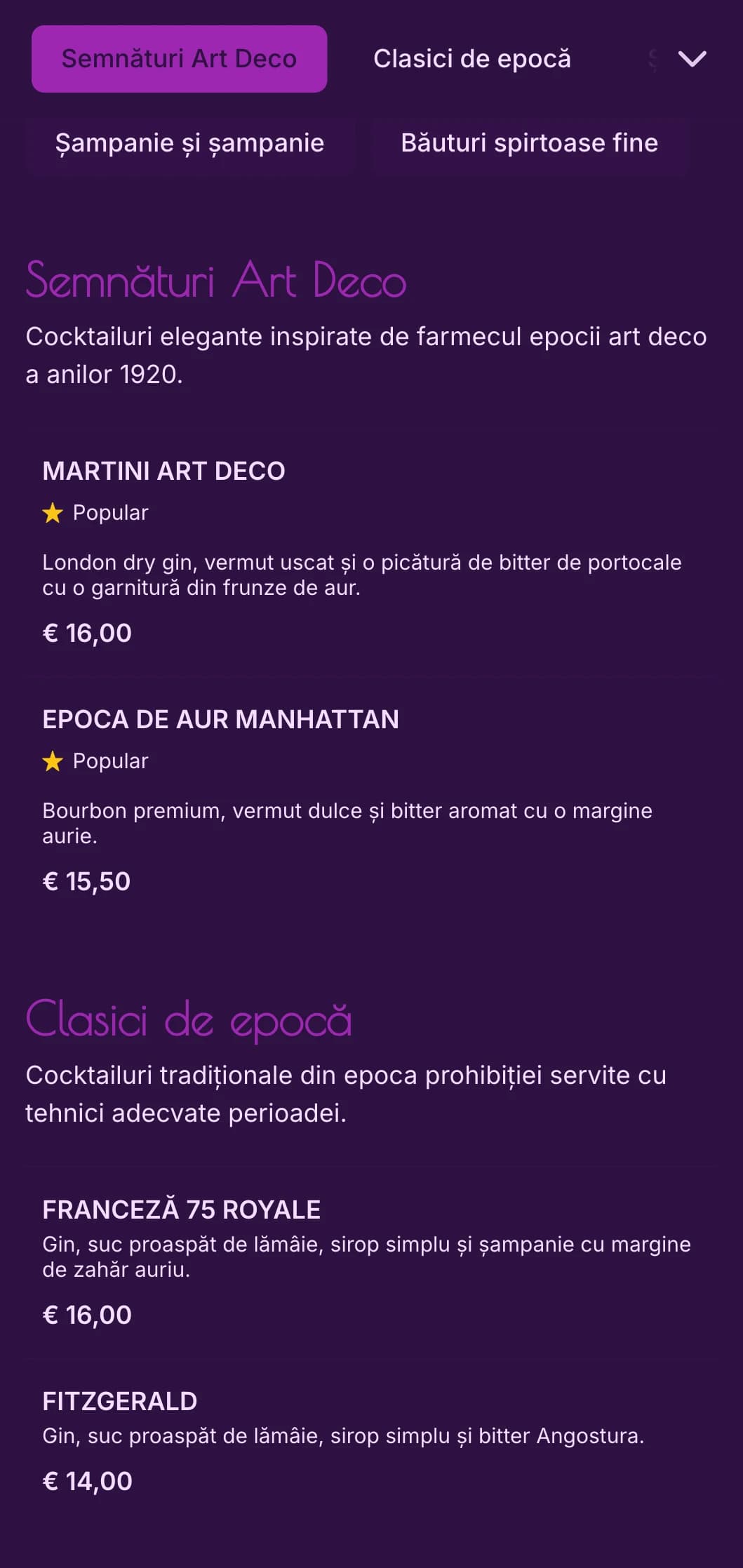 Design elegant purpuriu și auriu inspirat de art deco-ul anilor 1920 pentru saloanele de cocktailuri de lux.