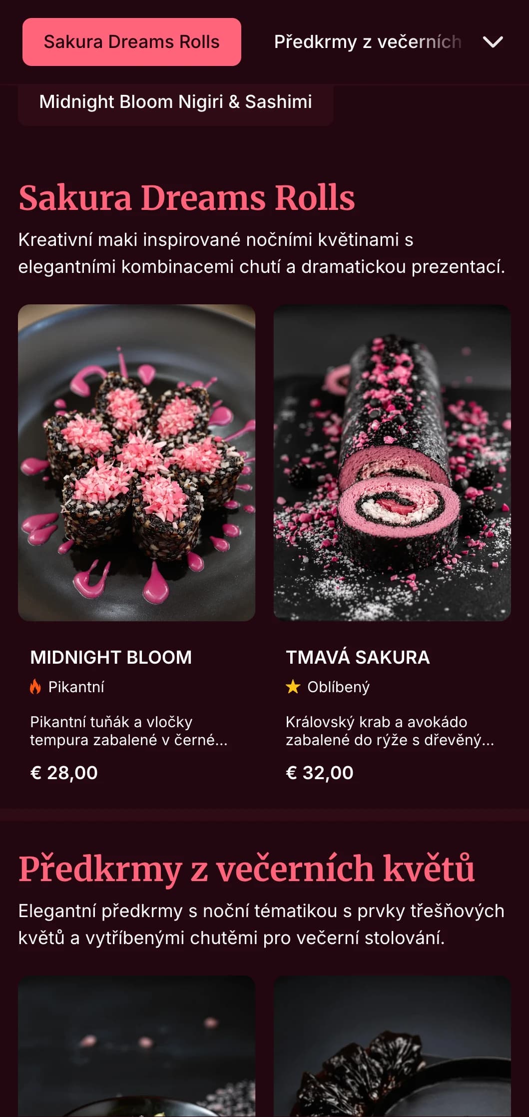 Elegantní večerní sushi s dramatickými motivy třešňových květů na pozadí tmavě vínové barvy pro luxusní stolování.