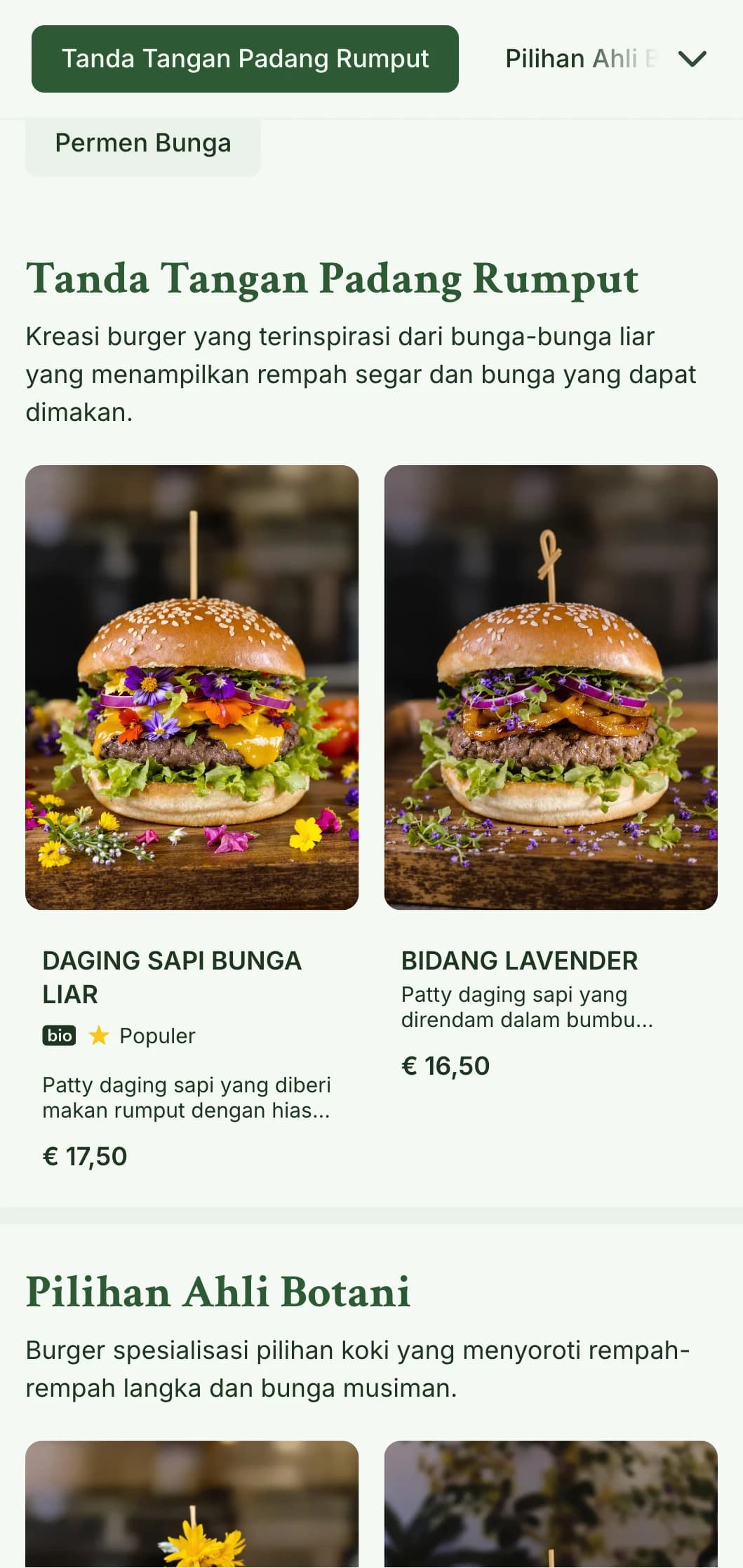 Konsep burger yang terinspirasi dari bunga liar dan padang rumput dengan estetika yang alami dan lapang.