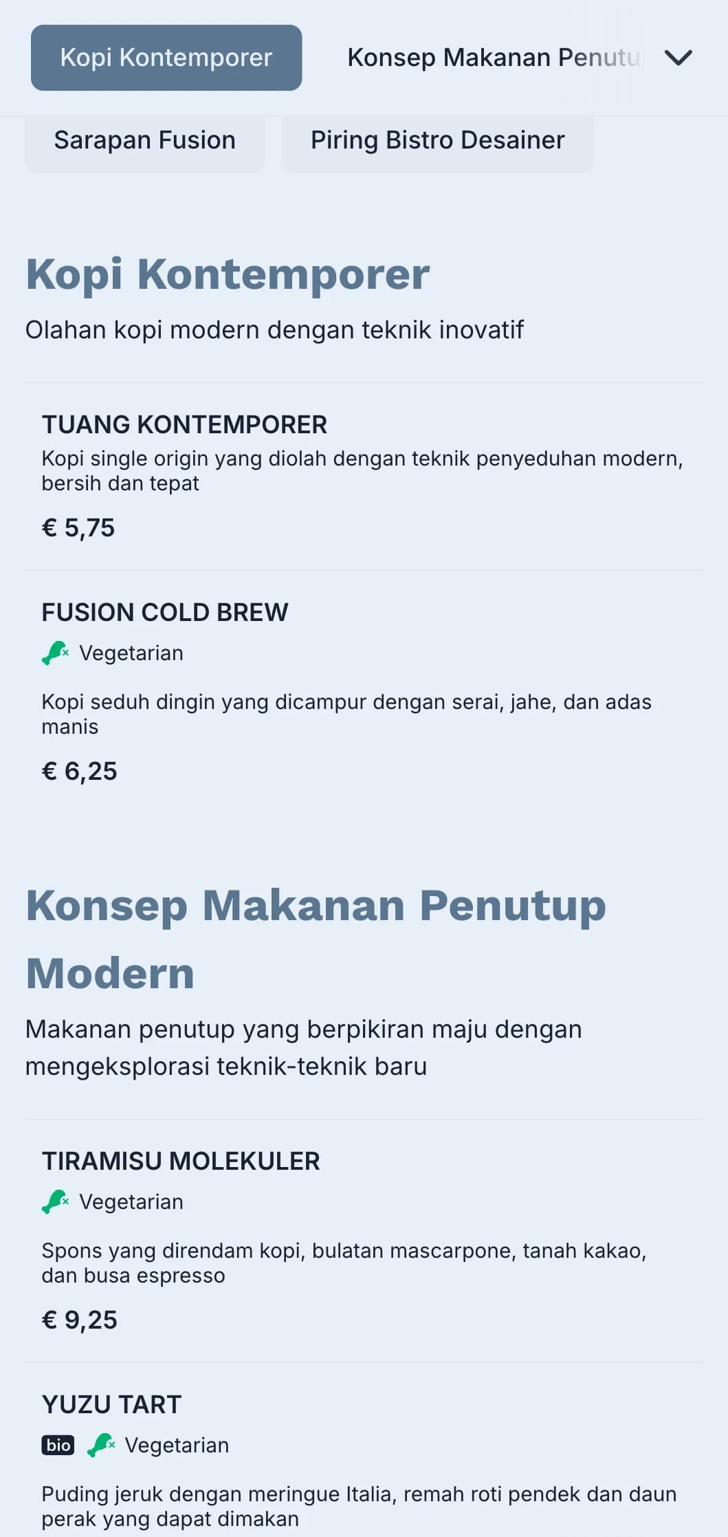 Desain kontemporer yang bersih dengan aksen teal untuk bistro modern dan kafe fusion.