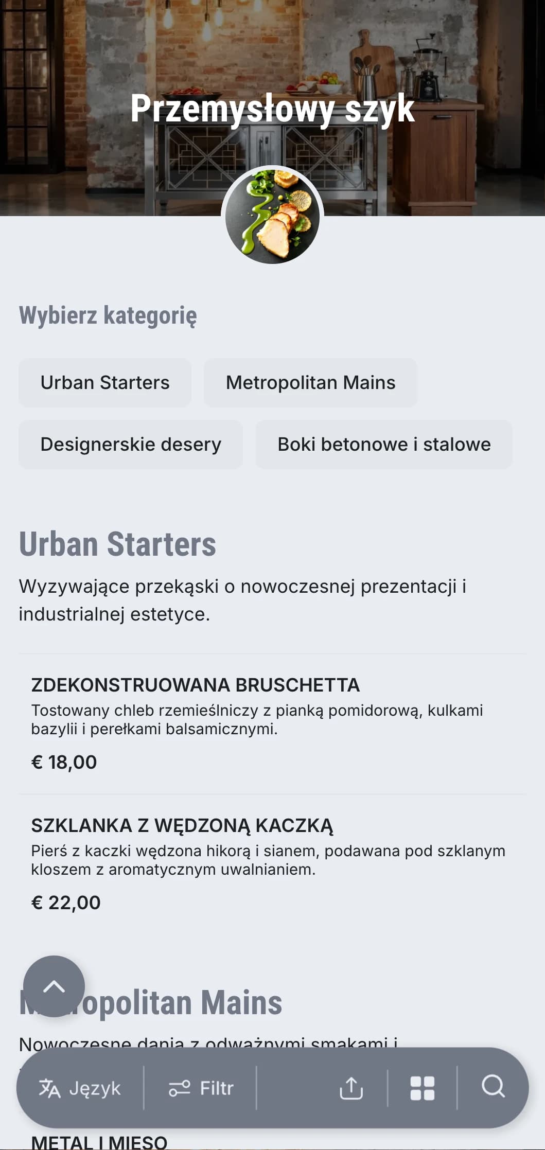 Surowa, ostra prezentacja cateringowa z nowoczesną miejską estetyką, metalicznymi elementami i betonowymi teksturami na imprezy magazynowe i otwarcia galerii.