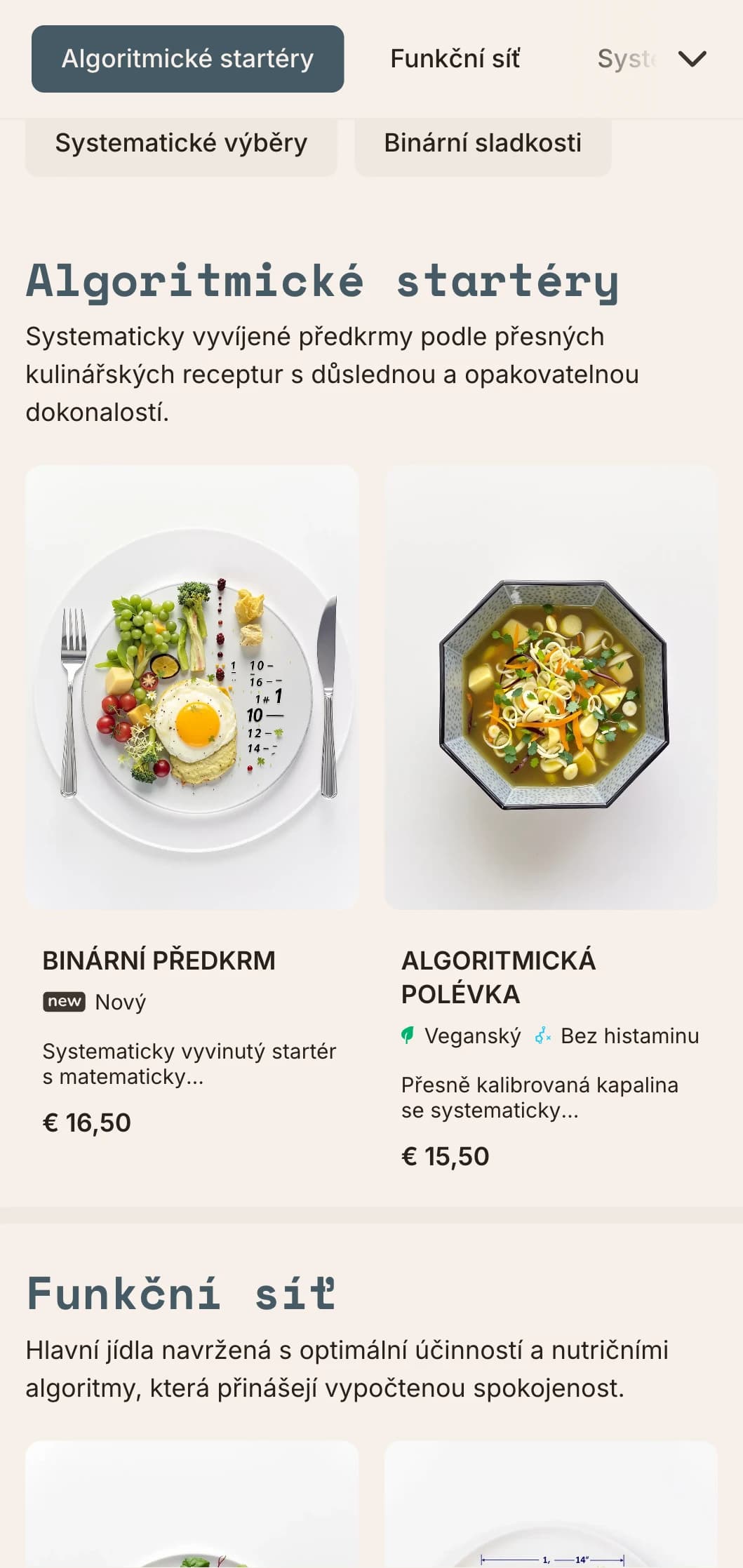 Technický, funkčně zaměřený design poledního menu s matematickými prvky a systematickým uspořádáním, ideální pro precizně zaměřené restaurace a koncepční jídelny.