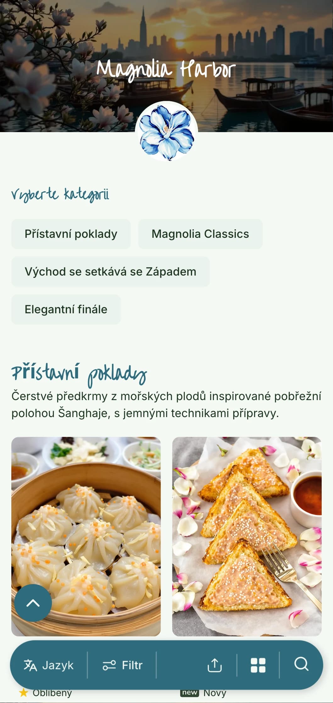 Elegantní čínské menu inspirované šanghajskou kuchyní a estetikou přístavu s květinovými akcenty pro vytříbené stolování.