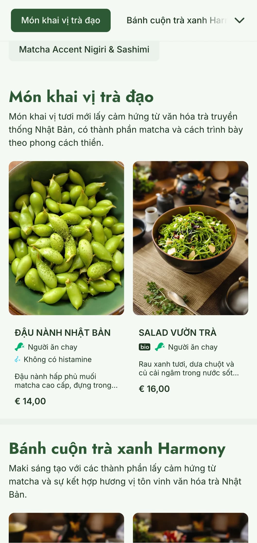 Thực đơn sushi hiện đại với tông màu xanh matcha rực rỡ dành cho các cơ sở chú trọng đến sức khỏe lấy cảm hứng từ trà.