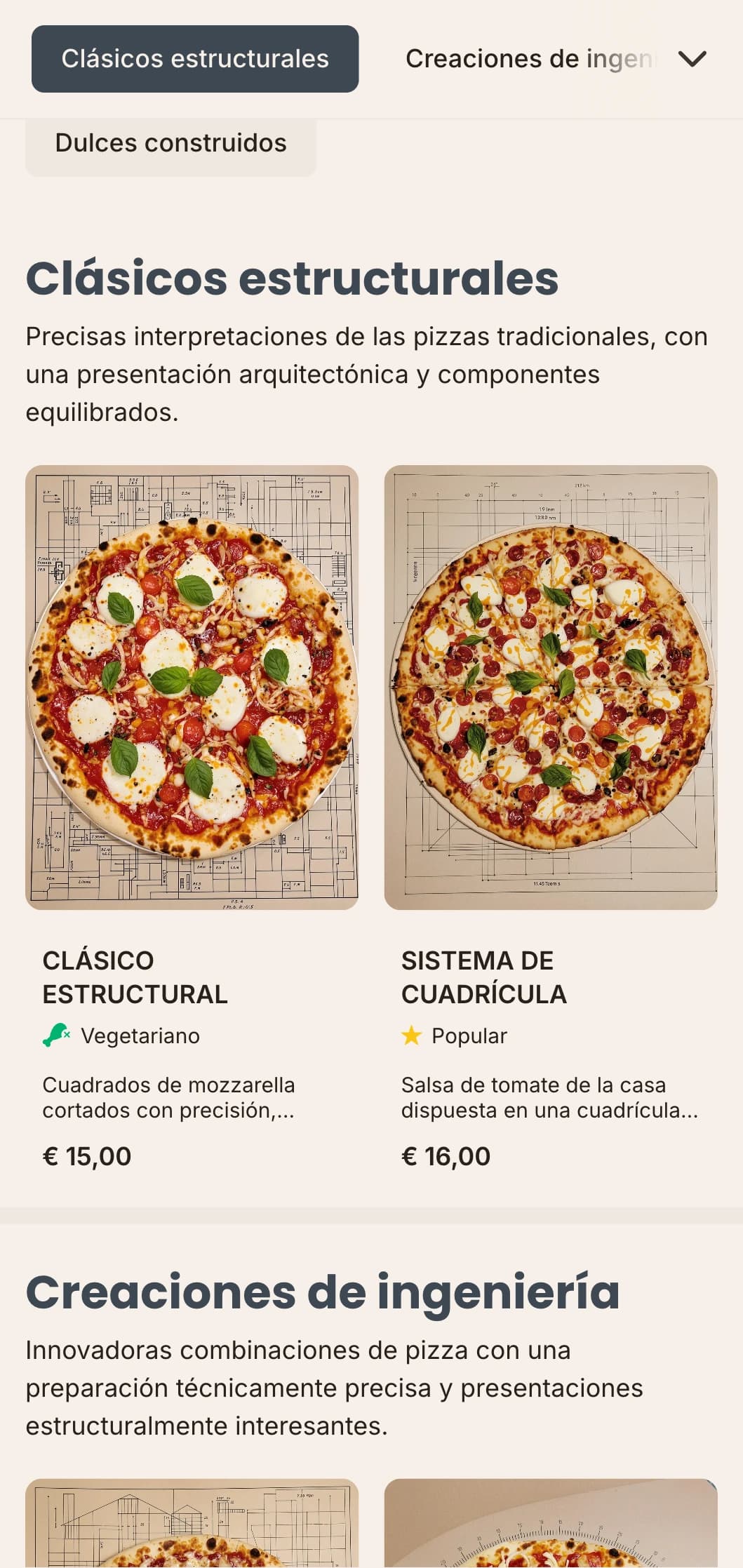 Carta de pizzas de inspiración arquitectónica con trazados precisos y estética técnica.