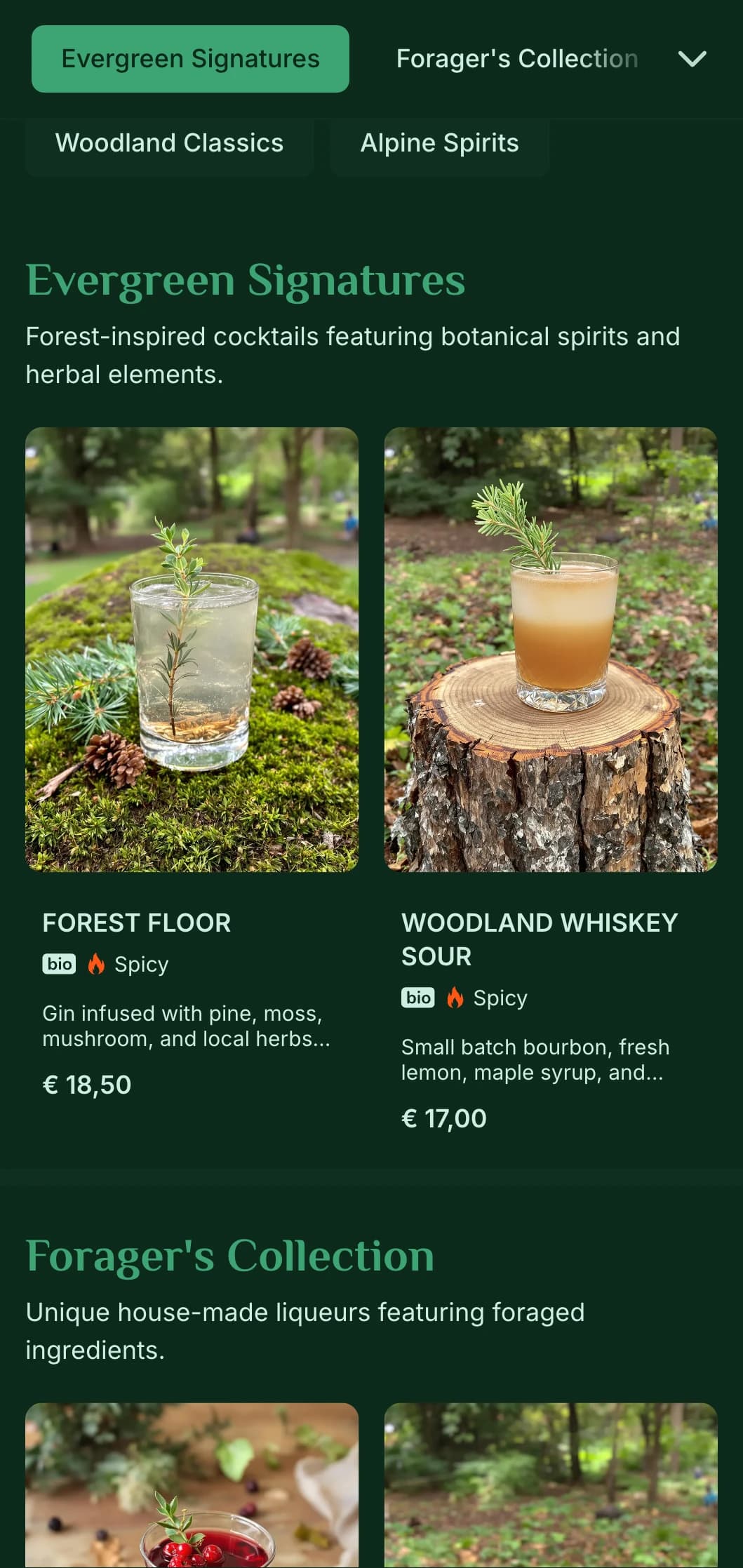 Lush green design inspired by pine forests for nature-influenced bars.