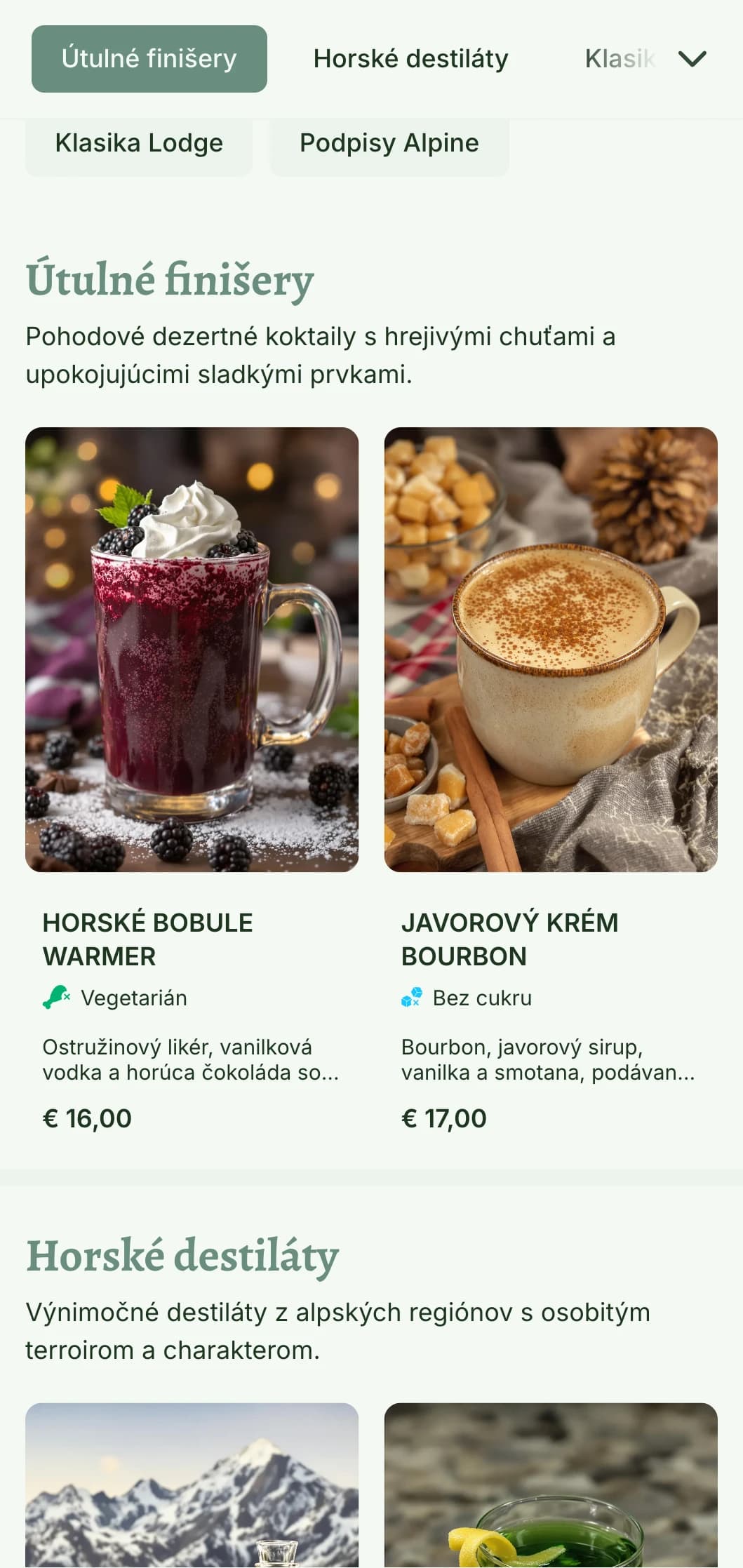 Útulný, horami inšpirovaný dizajn pre bary v lyžiarskych strediskách a horské chaty s teplými prírodnými prvkami a rustikálnou typografiou.
