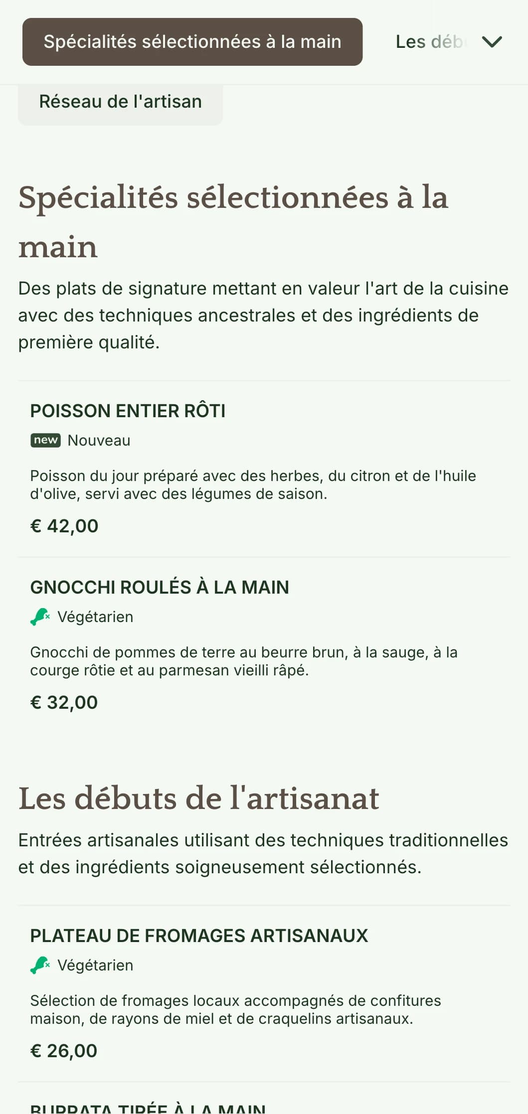 Un menu de dîner chaleureux et artisanal, avec des éléments de design inspirés de l'artisanat et des tons terreux, parfait pour les restaurants qui mettent l'accent sur la cuisine artisanale.
