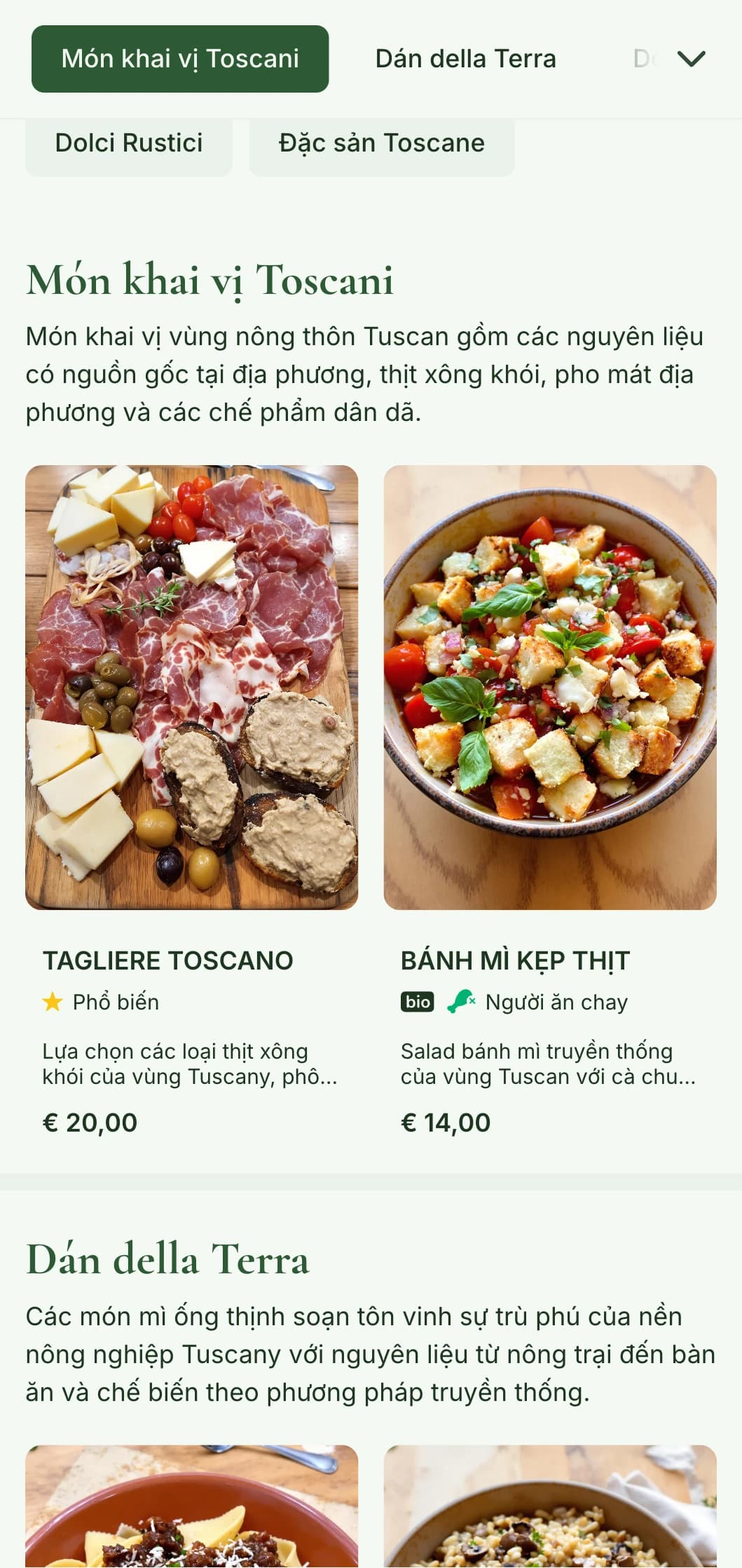 Tôn vinh vùng nông thôn Tuscany với lá ô liu, họa tiết vườn nho và các yếu tố đất đai để mang đến trải nghiệm ẩm thực Ý đích thực.