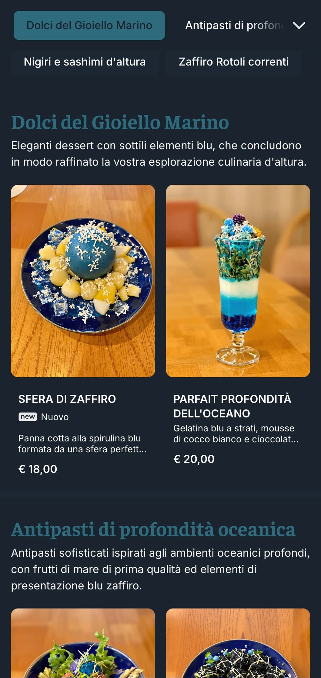 Menu di sushi ispirato al blu profondo dell'oceano, con ricche tonalità di zaffiro, per ristoranti di pesce di alto livello.