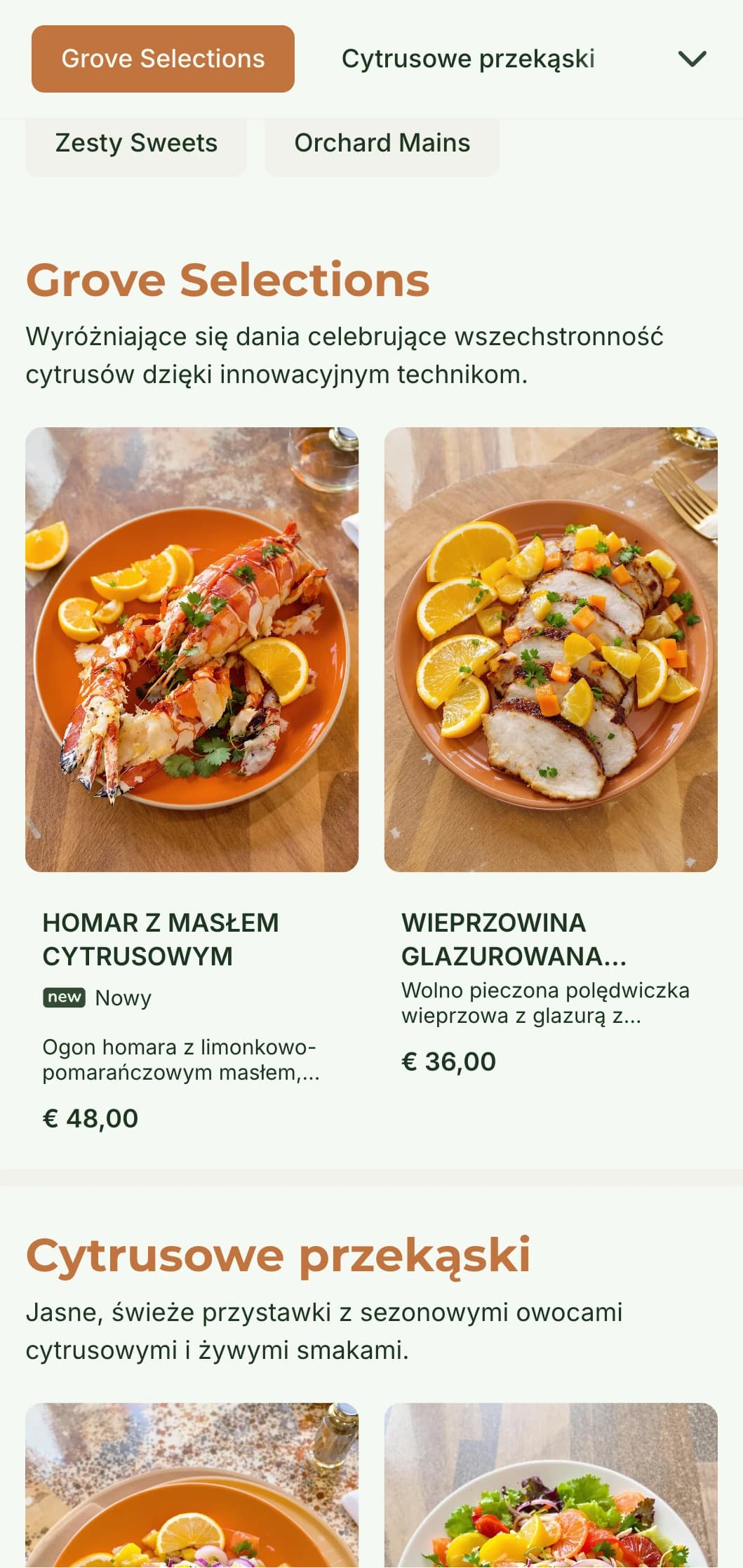 Jasne, świeże menu obiadowe z cytrusowymi tonami i naturalnymi elementami, idealne dla restauracji z wpływami śródziemnomorskimi.