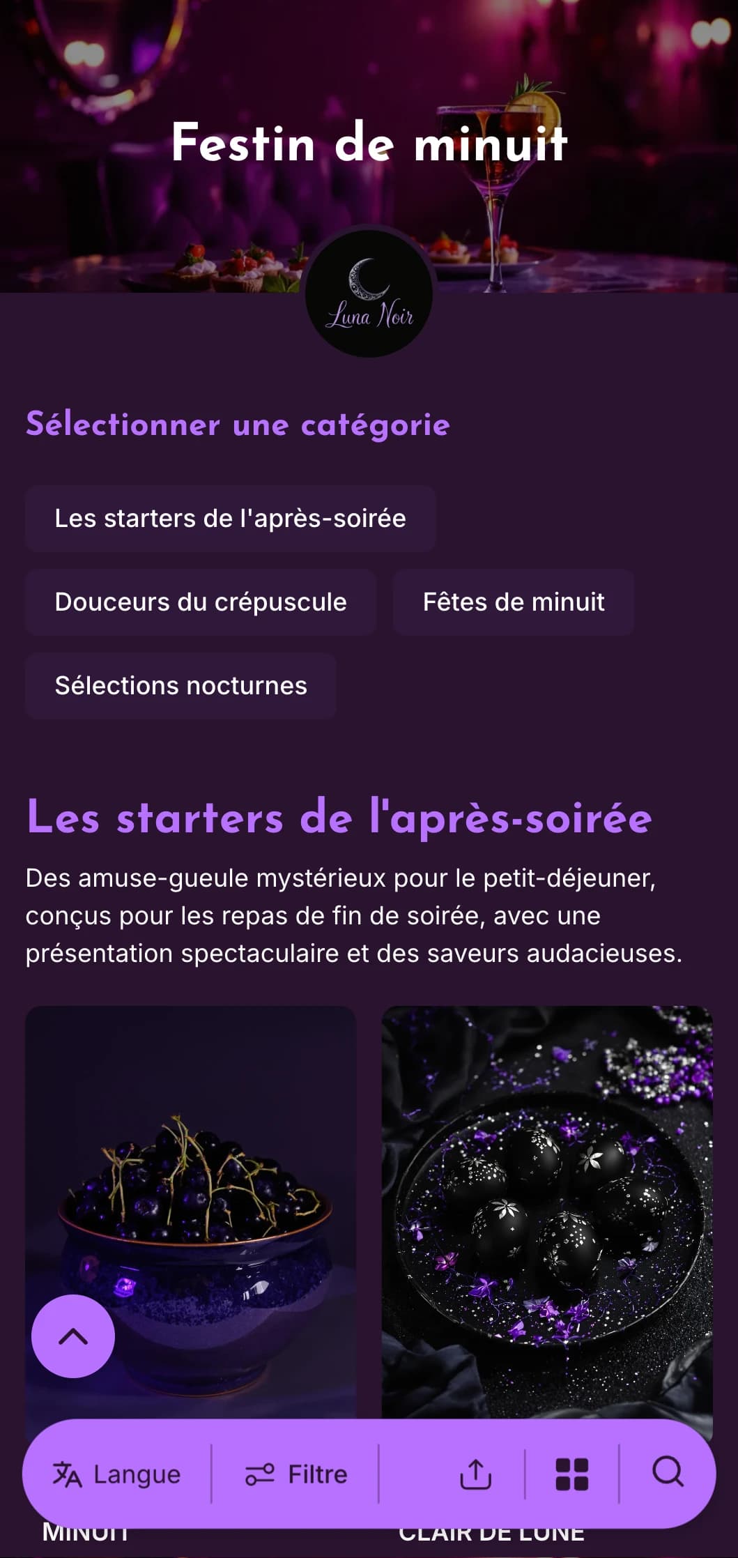 Un modèle violet profond avec des accents lumineux, parfait pour les brunchs de fin de soirée et les petits déjeuners accompagnés de cocktails.