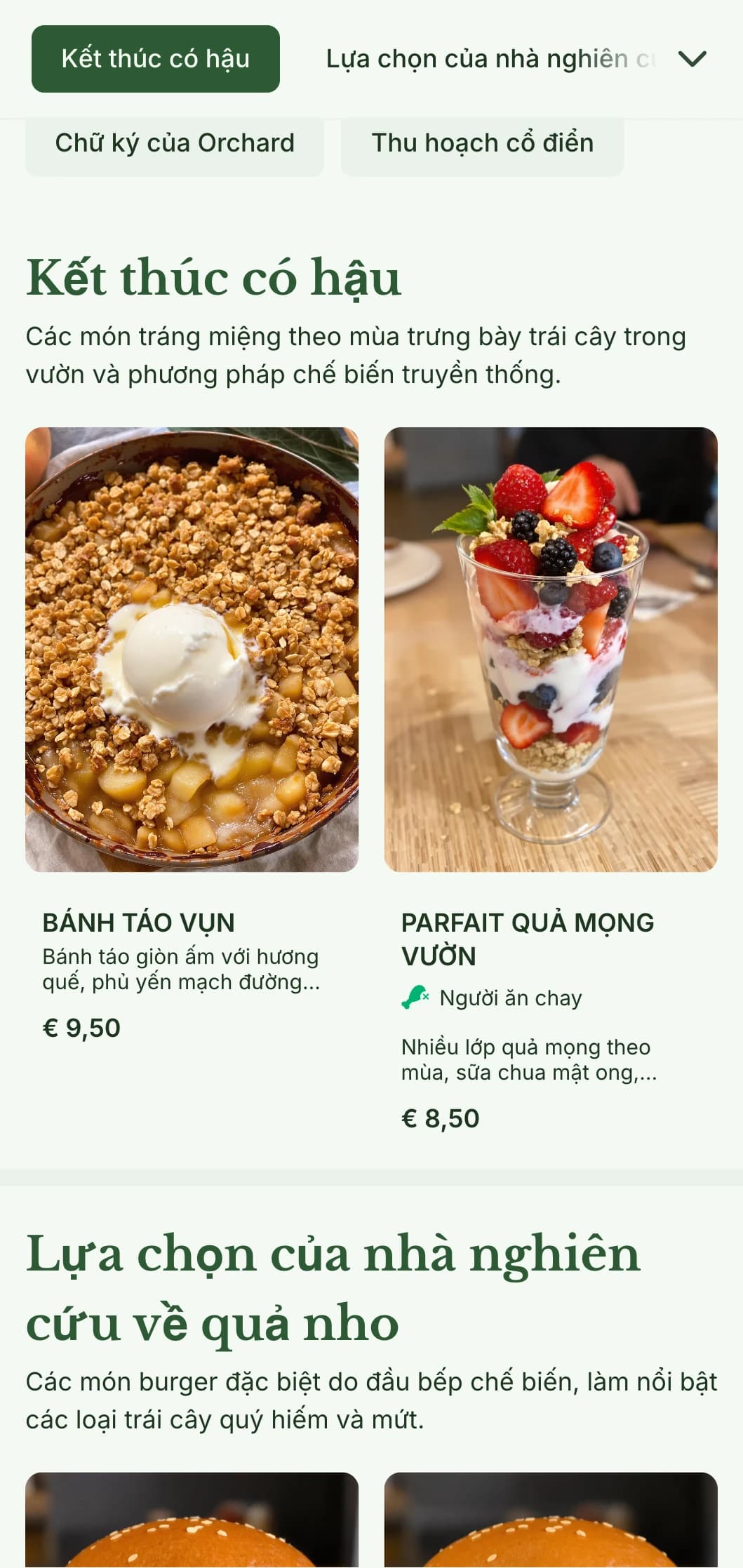 Nhà hàng burger lấy cảm hứng từ vườn cây ăn quả, phục vụ các sản phẩm theo mùa và rượu táo.