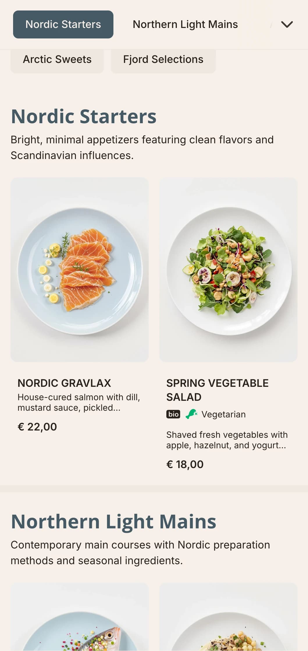 A bright, clean dinner menu with Scandinavian influences and pale blue accents, perfect for Nordic-inspired cuisine.