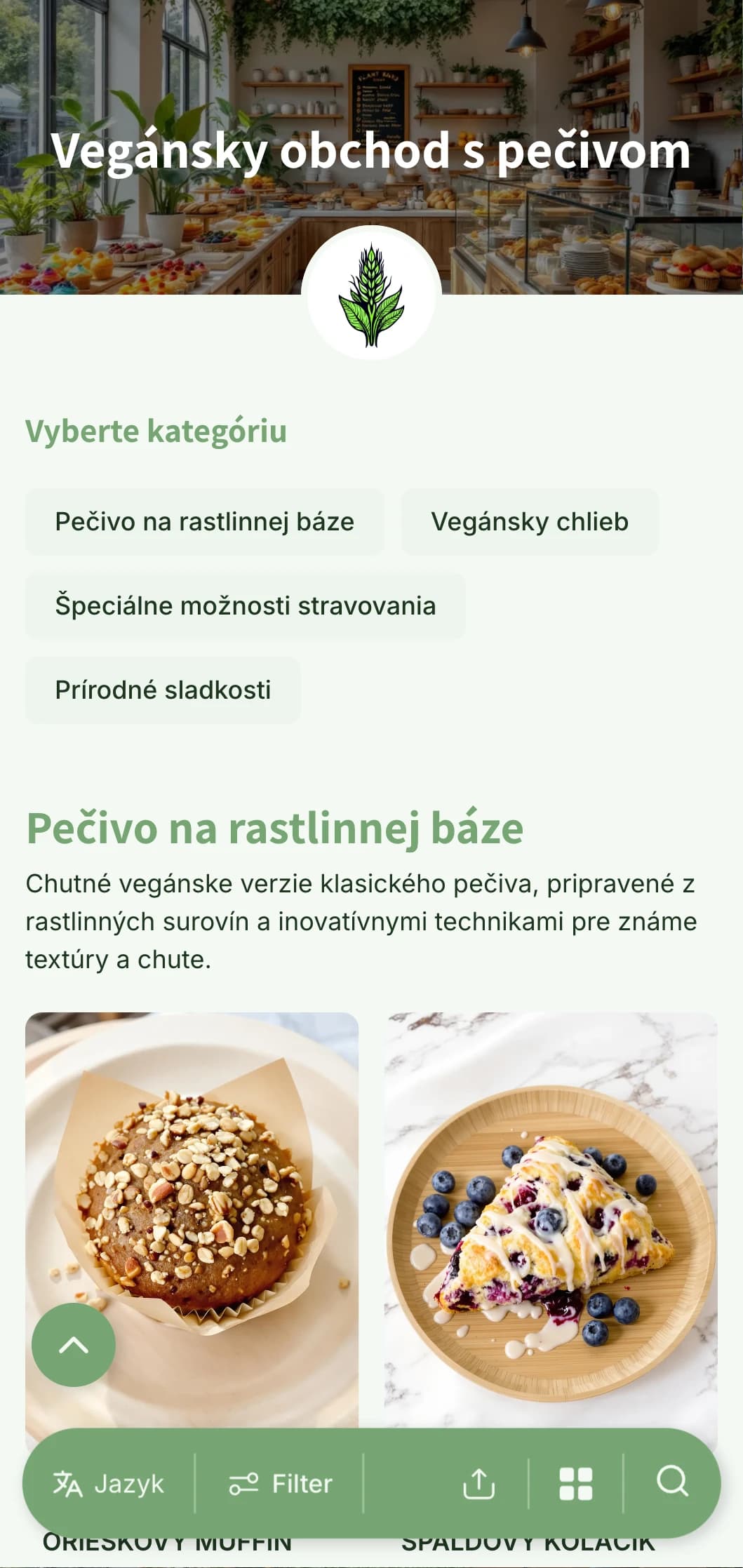 Svieži dizajn rastlinného jedálneho lístka pre pekárne so žiarivými zelenými tónmi a čistou typografiou, ideálny pre vegánske pekárne a ekologicky uvedomelé obchody.