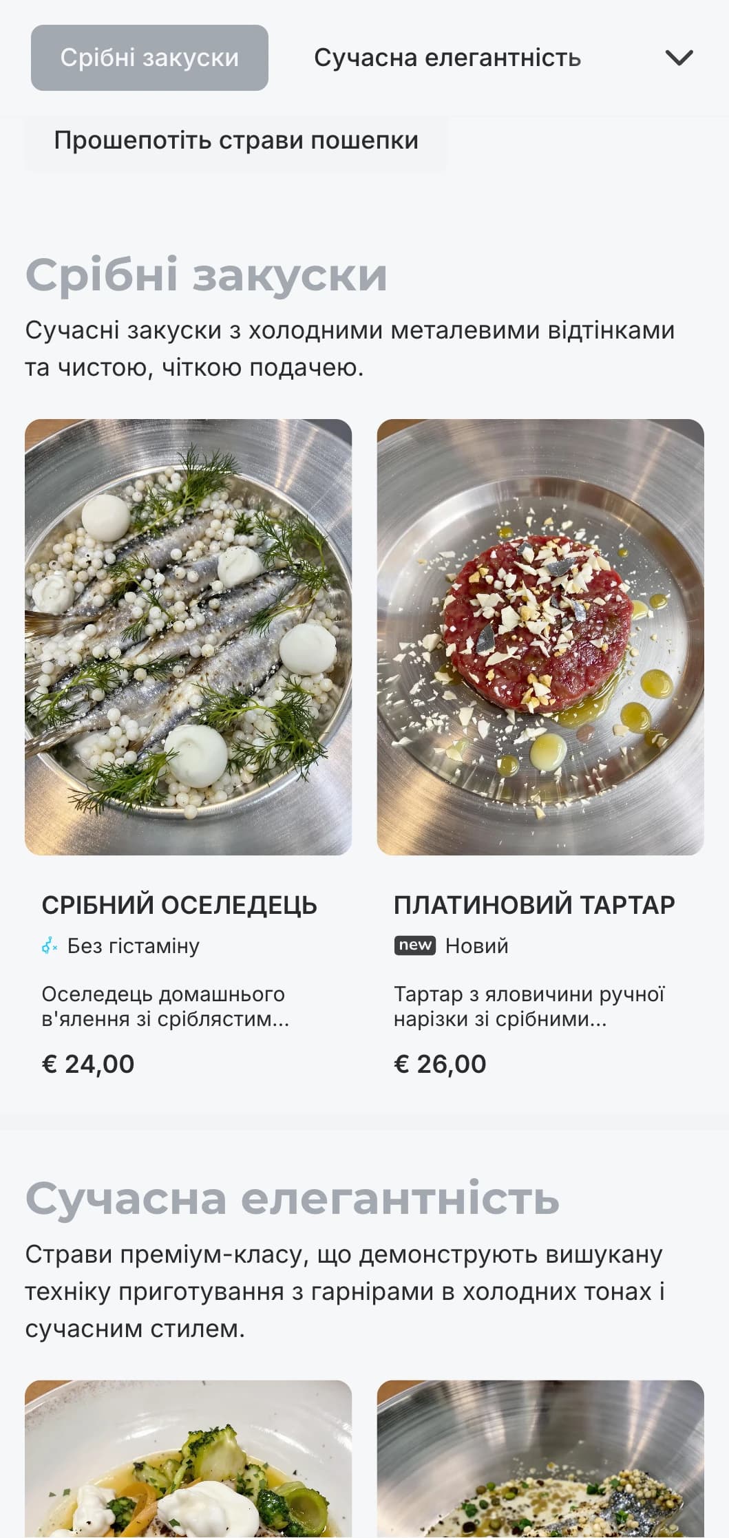 Витончена сучасна концепція з холодними сріблястими тонами та витонченими елементами розкоші для створення стриманого елегантного образу.