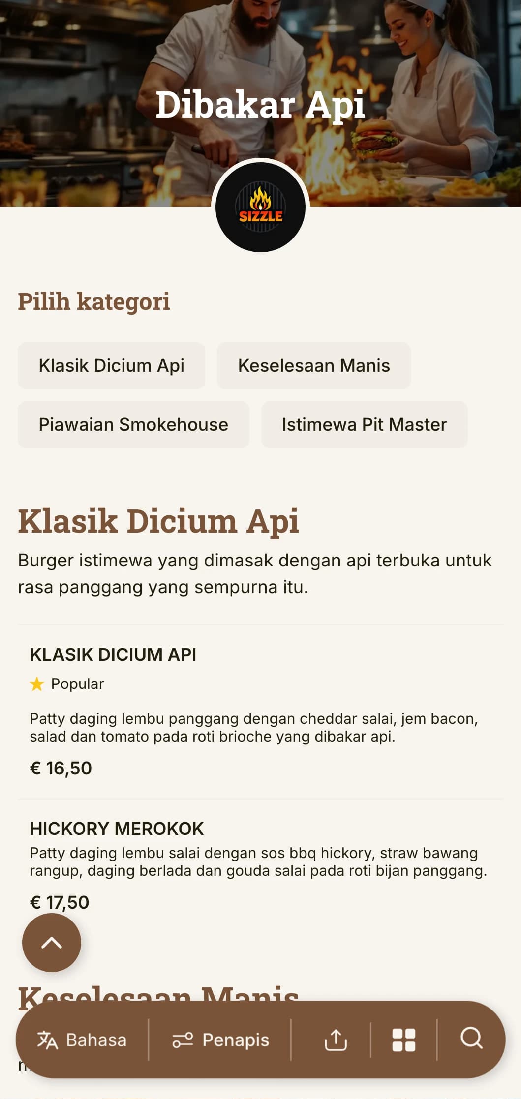 Reka bentuk fokus gril yang berani dengan ton kayu hangat dan aksen nyalaan untuk pengalaman burger panggang arang yang tulen.